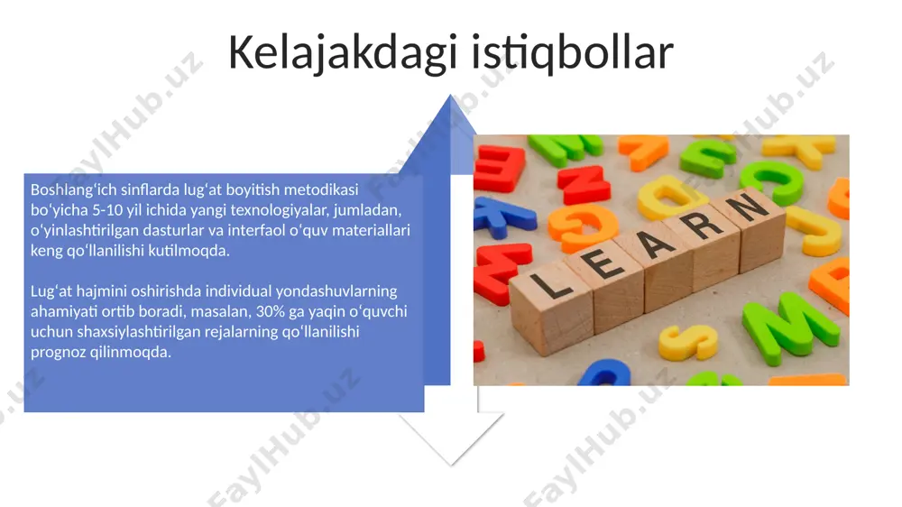 ʻquvchilarning 50%i yangi soʻzlarni tezda oʻrganishga moyil boʻlsa, qolgan 50% uchun qoʻshimcha mashqlar va individual yordam kerak boʻladi. oʻquvchilarning soʻz boyligini kuzatishda, 100 ta soʻzdan iborat roʻyxatdan foydalanib, ularning 80%ini toʻgʻri ishlatish koʻrsatkichi maqbul deb hisoblanadi va monitoring natijalari oʻqituvchining dars rejasini takomillashtirishda yordam beradi. soʻz birikmalari va gaplarni tahlil qilish boshlangʻich sinflarda 5-7 ta oddiy soʻz birikmalarini tahlil qilish orqali bolalarda gap tuzilishiga oid tushunchalarni shakllantirish mumkin, bu esa lugʻat boyligini kengaytirishga yordam beradi. soʻz birikmalari va gaplarni tahlil qilish jarayonida sinonimlar, antonimlar va oʻxshash maʼnoli 3-4 ta soʻzlarni taqqoslash orqali bolaning leksik zahirasini boyitishga erishish mumkin. muvaffaqiyatli strategiya misollari lug'at boyicha 5 ta yangi so'zni o'rganish uchun kartochkalardan foydalanish, har bir so'z uchun 3 ta gap tuzish va rasm chizish samaradorligini oshiradi. o'yinlar orqali so'z boyligini rivojlantirishda, masalan, "kim tezroq?" o'yini orqali 10 ta so'zni tezda eslab qolish qobiliyatini 20% ga oshirish mumkin. e'tiboringiz uchun rahmat @taqdimot_robot image4.jpg …