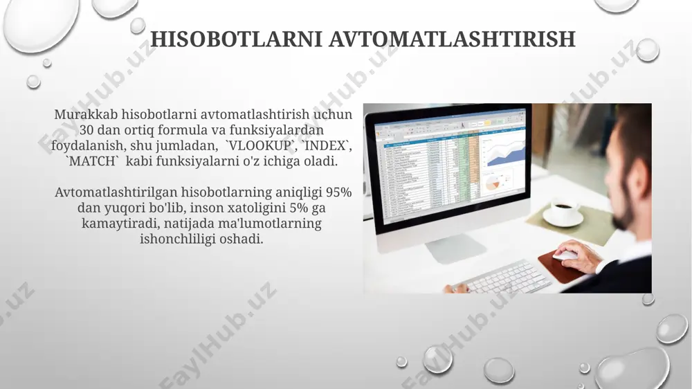 'qilishi va tushunilishi uchun muhimdir. masalan, 3 ta asosiy ko'rsatkichni taqqoslash uchun ustun diagrammasidan foydalanish mumkin. pivot jadvallar bilan ishlash pivot jadvallar yordamida 1000 dan ortiq qatorli ma'lumotlarni soniyalar ichida tahlil qilish va guruhlash mumkin, bu esa vaqtni sezilarli darajada tejash imkonini beradi va samaradorlikni oshiradi. pivot jadvallarda filtrlash, saralash va hisoblash kabi funksiyalarni qo'llab, ma'lumotlarning 3 o'lchovli tahlilini amalga oshirish va kerakli ko'rsatkichlarni aniqlash mumkin. hisobotlarni chop etish va eksport qilish hisobot sahifalarini chop etishdan avval, rangli yoki oq-qora rejimni tanlash, shuningdek, chop etilayotgan sahifalar sonini 1 dan 100 gacha chegaralash imkoniyati mavjud. hisobotlarni pdf, xlsx yoki csv formatlarida eksport qilish imkoniyati mavjud bo'lib, bu 3 ta turli xil fayl turidan birini tanlash orqali 1000 tagacha qatorli hisobotlarni osongina saqlashga yordam beradi. ma'lumotlarni to'plash va tayyorlash ma'lumotlarni to'plashda kamida 3 ta manbadan foydalanish va ularning ishonchliligini tekshirish, shuningdek, kamida 100 ta kuzatishni amalga oshirish tavsiya etiladi. to'plangan ma'lumotlarni excel …