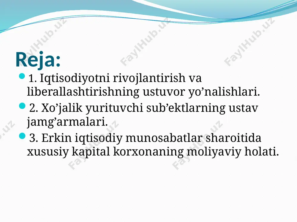 tashqi qarzi jahon banki va xalqaro valyuta jamg‘armasi mezonlariga ko‘ra xavfsiz hisoblanadi. ayni vaqtda tashqi qarz hisobidan hududlarda amalga oshiriladigan loyihalar bundan buyon mahalliy kengashlar va jamoatchilik muhokamasidan o‘tkaziladi. ularning natijalari to‘g‘risida jamoatchilikka hisobot berish tizimi yo‘lga qo‘yiladi. shuningdek, davlat nomidan tashqi qarz olish kamaytirilib, investitsiya va infratuzilma loyihalariga ko‘proq xususiy kapital jalb etiladi. masalan, keyingi yilda davlat-xususiy sheriklik asosida 40 dan ortiq yirik va o‘rta loyihalarni amalga oshirish boshlanadi. xo’jalik yurituvchi sub’ektlarining xususiy kapitalini tahlil qilishning ahamiyati, tahlil vazifalari va axborot manbalari erkin iqtisodiy munosabatlar sharoitida xususiy kapital korxonaning moliyaviy holatini tavsiflovchi muhim ko’rsatkichlardan biri hisoblanadi. negaki, uning holatiga qarab jami mablag’lar tarkibidan kelib chiqqan holda korxonaning iqtisodiy qaramligi yoki mustaqilligiga baho beriladi. bu biznesni boshqarish, faoliyatni kengaytirish va sheriklik faoliyatini yo’lga qo’yishda o’ta muhim masala hisoblanadi. xususiy kapital korxonaning o’z mablag’lari manbaining asosini tashkil etuvchi ko’rsatkich hisoblanib, uning tarkibiga korxona ustav kapitali, zahira kapitali, qo’shilgan kapital hamda taqsimlanmagan …
