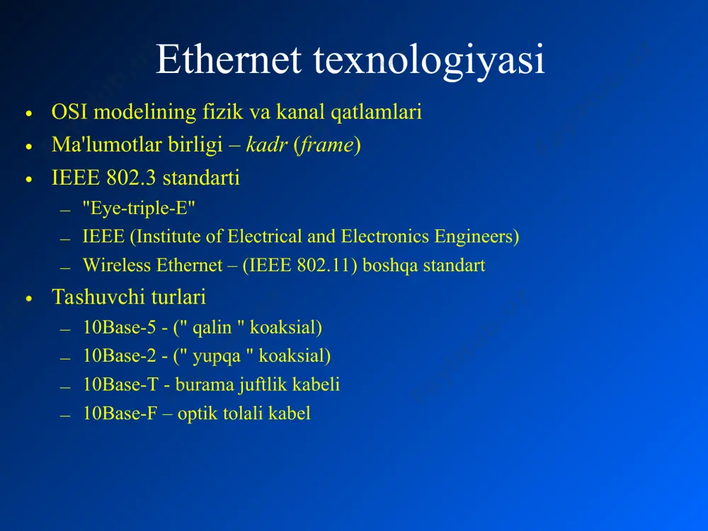 address) protokol birligi uzunligi/turi (ethertype, protocol data unit) ma’lumot nazorat summasi (cyclic redundancy check) * kadr (2) preambula 7 bayt (56 bit) o'zgaruvchan birliklar va nollar, kiruvchi kadrlarni qabul qilish tizimini tayyor holatga keltirish boshlang’ich kadrni cheklagich (sfd) 1 bayt: 10101011 kadrning boshlanishini belgilaydi va stantsiyaga sinxronizatsiya tugaganligini bildiradi. belgilangan manzil (da) 6 bayt, qabul qiluvchining fizik(mac) manzilini o'z ichiga oladi. * kadr (3) manba manzili (sa) 6 bayt, jo'natuvchining jismoniy (mac) manzilini o'z ichiga oladi uzunlik / tur =1536 - yuqori darajadagi protokolni belgilaydi (ethernet ii) ma’lumot minimal 46 va maksimal 1500 bayt. nazorat summasi (crc) siklik ortiqcha kod, crc 32; ma'lumotlar to’g’riligini tekshirish. * mac-manzillash tarmoqdagi ikkita jismoniy manzil bir xil bo'lmasligi kerak. fizik manzillar yoki ommaviy axborot vositalariga kirishni boshqarish manzillari (media access control - mac‑manzil) nic tarmoq adapteriga yozilgan; = apparat manzili = nic manzili = 2-qatlam manzili = ethernet manzili. * mac-manzil (2) * ethertype …