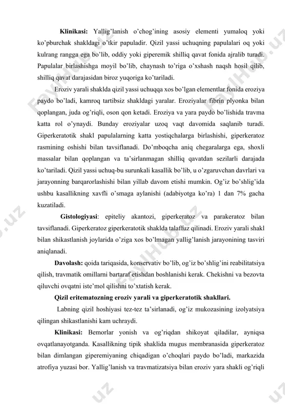 astik tolalarni yo’q qilish mavjud. davolash: qizil yugurik tizimli kasalliklar qatoriga kiradi va og’iz bo’shlig’idagi o’zgarishlar umumiy kasallikning mahalliy ko’rinishidir. umumiy davolash antimalarial va kortikosteroid preparatlari bilan amalga oshiriladi. antiseptiklar va og’riq qoldiruvchi vositalar mahalliy sifatida ishlatiladi. og’iz shilliq qavatidagi qizil eritematoz namoyon bo’lishining malignizatsiyasi 6% gacha yetadi. radiatsiyadan keyingi stomatit kech nurlanish asoratlarini anglatadi. klinikasi. bemorlar og’iz bo’shlig’idagi quruqlik, quruq ovqat iste’mol qilish qiyinligi, ta’mga sezgirlikning pasayishi yoki yo’qligidan shikoyat qiladilar. shilliq qavat quruq, atrofikdir. bir qator hollarda giperkeratoz sohalari aniqlanadi. hatto yengil shikastlanish ham bunday o’zgargan shilliq qavatda eroziya va yaralar paydo bo’lishiga yordam beradi. eroziya va oshqozon yarasi paydo bo’lganda, bemorlar dam olish paytida ham, ovqatlanayotganda ham og’riq qo’zg’aladi. hosil bo’lgan yaralar kesilgan qirralarga ega, ularning pastki qismi iflos kul rangga ega, palpatsiya paytida keskin og’riqli, poydevorda infiltratsiya aniqlanmagan. eroziya va oshqozon yarasi uzoq davom etadi, davolash qiyin. gistologiyasi: akantoz va epiteliya atrofiyasi mavjudligi bilan tavsiflanadi. asosiy …