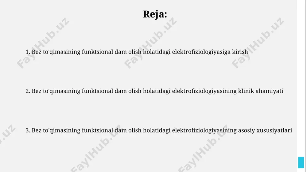 i va amplitudasi farq qiladi va bu farqlar neyronal aloqalar va funksiyalarining xilma-xilligini aks ettiradi. qo'shma shtatlardagi tadqiqotlar shuni ko'rsatdiki, bez to'qimasidagi 5-10 gts oralig'ida kuzatiladigan alfa ritmlari stress va tashvish holatlarida o'zgaradi va bu o'zgarishlar klinik jihatdan ahamiyatlidir. elektroensefalografiya (eeg) va bez to'qimasi eeg yordamida olingan bez to'qimasining funktsional holatini baholashda 3-10 gts diapazonidagi teta to'lqinlarning faolligi, masalan, gipokampusdagi xotira jarayonlarining buzilishini ko'rsatishi mumkin. miyada 10-20 tizimi bo'yicha joylashgan elektrodlar yordamida olingan eeg ma'lumotlari, toshkentdagi bir tadqiqotda ko'rsatilishicha, bez to'qimalarining patologik o'zgarishlariga sezuvchan bo'lishi mumkin. bez to'qimasining funktsional bog'lanishlari bez to'qimasining funktsional bog'lanishlari miya hududlarining 20-30 gts oralig'idagi gamma diapazonidagi ritmik faolligini o'z ichiga oladi, bu esa samarqanddagi tadqiqotlarda aniqlangan. bez to'qimasining 100 dan ortiq neyronlar orasidagi sinxron faolligi, 40 msek va undan kam kechikish bilan, funktsional ulanishning yuqori tezligini ko'rsatadi. grafoanaliz va tarmoqlar tahlili bez to'qimasining funktsional holatini baholashda grafoanaliz va tarmoqlar tahlili yordamida 30 ta elektrofiziologik parametrlar …