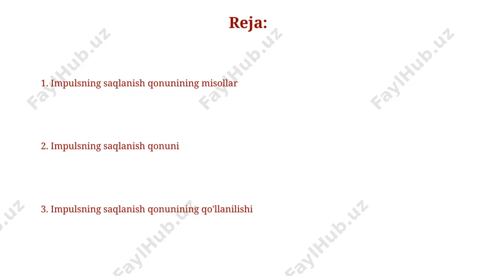 , uning umumiy qiymati tashqi kuchlar yoʻqligida doimiy qoladi. agar tashqi kuchlar taʼsiri 10 n dan kichik boʻlsa, yopiq tizim deb hisoblash mumkin va impulsning saqlanish qonuni yaxshi yaqinlashtirishni beradi, lekin 100 n dan katta kuchlar impulsning saqlanishini buzadi. impulsning saqlanish qonuni ta'rifi tizimga tashqi kuchlar ta'sir etmasa, ya'ni tizim yopiq bo'lsa, undagi jism va zarrachalarning umumiy impulsi har qanday vaqt oralig'ida doimiy qoladi. masalan, 2 ta to'qnashgan shar uchun qo'llaniladi. impulsning saqlanish qonuni vektor miqdori bo'lib, uning yo'nalishi va kattaligi muhim hisoblanadi. 5 kg massali jismning 2 m/s tezlikdagi impulsi va 2kg massali jismning 5m/s tezlikdagi impulsi umumiy impuls miqdorini beradi. elastik va inelastik to'qnashuvlar inelistik to'qnashuvlarda kinetik energiyaning bir qismi issiqlik, tovush yoki deformatsiyaga aylanadi, natijada sistema energiyasining 20% gacha yo'qolishi kuzatiladi. to'qnashuvning elastiklik koeffitsiyenti 0 dan 1 gacha o'zgaradi; 1 - mutlaqo elastik to'qnashuv, 0 - mutlaqo inelastik to'qnashuvni bildiradi. impuls tushunchasi impuls vektorial kattalik bo'lib, uning …