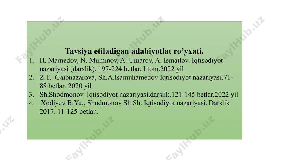 gan, ayirboshlash uchun yaratilgan mehnat mahsuli. «tovar – bu ayirboshlash uchun ishlab chiqarilgan maxsus iqtisodiy ne'mat». tovarga bo'lgan turlicha yondashuvlar mavjud 12 tovar xo'jaligining vujudga kelishi va amal qilinishining ijtimoiy-iqtisodiy asoslari quyidagilardan iborat: 1 ijtimoiy mehnat taqsimotining ro'y berishi. 2 shaxsiy va xususiy mulkchilikning shakllanishi 3 ishlab chiqaruvchilarning iqtisodiy jihatdan alohidalashuvi. mehnatning qiymat nazariyasi iqtisodiyotda mehnatning mahsulot qiymatini belgilovchi asosiy omil ekanligini ta'kidlaydi. ushbu nazariyaga ko'ra, tovar yoki xizmatning qiymati unga sarflangan mehnat miqdori bilan o'lchanadi, adam smit, david rikardo va karl marks, bu nazariyani rivojlantirganlar. ular tovar qiymatining asosi sifatida inson mehnatini ko'rgan va bozor mexanizmlarida mehnatning roli va ahamiyatini tushuntirishga harakat qilganlar. naflilik nazariyasi iqtisodiyotda iste'molchilarning tovar yoki xizmatlardan olinadigan qoniqish (foyda yoki zavq) darajasini o'rganadi va bu qoniqishga qarab iste'molchilar qanday qarorlar qabul qilishini tushuntirishga harakat qiladi. naflilik nazariyasi iste'molchi xatti-harakatlarini tahlil qilishda muhim rol o'ynaydi va ularning qarorlarini qanday qilib optimal shaklda qabul qilishlarini izohlaydi mehnat …