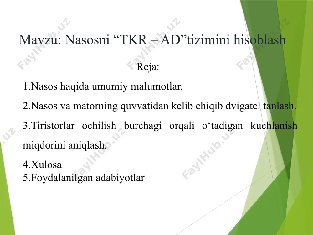 (hв) - so’rish balandligi; h2 (hн) – gidrostatik bosim, h3 – zadvijka, ventil, trubalardagi bosim yo’qatilishi; h4 – erkin bosim, trubalardan suvni oqib ketish tezligiga mos keladi nasos quvvati quyidagi formula yordamida hisoblanishi mumkin. = 9,81∙100∙0,0135∙111,64=14785,04 matorning quvvati quyidagi formula yordamida hisoblanishi mumkin. /=14785,04/0,83=17813,3 kvt matorning quvvati asosida quvvatdan kelib chiqib dvigatel tanlaymiz. tanlangan dvigatel parametrlari tipi aиp160m4 quvvati =18,5 kvt nominal aylanish tezligi =1500 ayl/min nominal toki =36,3 a f.i.k=90,0% nominal momenti =121,010 n∙m inersiya momenti j=0,065 kg∙ elektr dvigateli 18,5 kvt, 1500 ayl/min – аир160s4 tkr – ad tizimli eyni funksional sxemasi: vs1–v10 – tiristorlar; бу – boshqarish bloke; m – asinxron dvigatel; br – taxogenerator; r2d – qoshimcha qashilik; uy va uз – boshqarish va topshiriq kuchlanishlari. tiristorlar ochilish burchagi orqali o‘tadigan kuchlanish miqdori quyidagicha aniqlanadi. bu yerda:-maksimal fazaviy kuchlanish 150 120 90 60 30 0 u 64,15 167,92 268,59 340,83 374,46 380 i 6,31 16,05 25,66 …