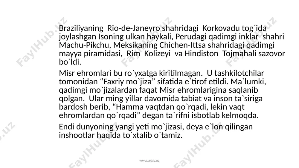 inklar shahri-machu-pikchu machu pikchu so`zi eski pirmaida ma`nosini anglatib, bu shahar “yo`qolgan shahar” nomi bilan ham mashhur. ushbu shahar 15 asrda inklar tomonidan 2430 metr balandlikka qurilgan bo`lib, bu yerda to`g`ri burchakli kvartallar, tor ko`chalar, qo`rg`onlar kabi bir qator inshootlar bo`lgan. hozirda shahar nafaqat janubiy amerikadagi, balki dunyodagi eng ko`p turist tashrif buyuradigan obidalardan biri sanaladi. www.arxiv.uz mayya ehromi u meksikaning yukatan yarim orolida chichen-ittsa shahrida joylashgan. zinapoyali ulkan ehrom. miloddan avvalgi 1 ming yillikda barpo etilgan. u qadimgi madaniyatga ega mayya xalqining nodir merosi. www.arxiv.uz e`tiboringiz uchun rahmat! www.arxiv.uz image1.jpg image2.jpg image3.jpg image4.jpg image5.jpg image6.jpg image7.jpg