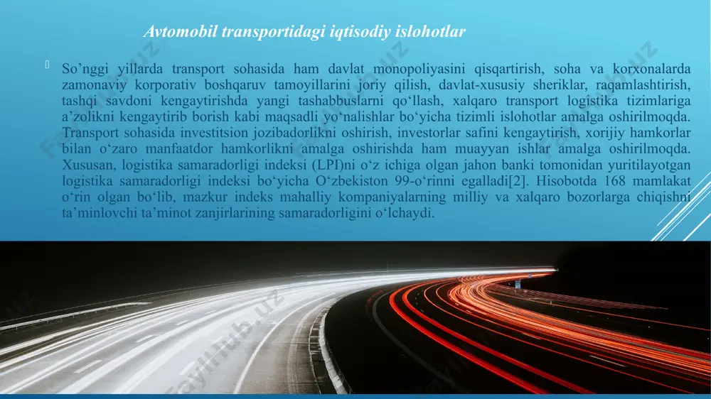 nsporti to‘g‘risida» gi qonuni 1998 yil 29 avgustda qabul qilinib, u 31 moddadan tashkil topgan. qonunda avtomobil transporti to‘g‘risidagi tushuncha va qonun hujjatlari, mulk shakllari, avtotransport vositalarini tasniflash, tashish turlari, tashuvchilar va mijozlarning huquqlari va majburiyatlari, xavfsizlikni ta’minlash kabi me’yorlar bayon etilgan. «shahar yo’lovchi transporti to‘g‘risida»gi 1997 yil 25 aprelda o‘zbekiston rspublikasi qonuni qabul qilingan bo‘lib, jami 27 moddadan tashkil topgan. bu qonunda shahar yo’lovchi transporti turlari, shahar yo’lovchi transportiga egalik shakllari, yo‘nalishlarni belgilash va harakat xavfsizligini ta’­minlash to‘g‘risida aniq ko‘rsatmalar berilgan. aholiga transport xizmatini ko‘rsatish sifatini baholashda asosiy ko‘rsatkichlardan biri sanalgan yo‘l harakati xavfsizligi ko‘rsatkichi va u bilan bog‘liq me’yoriy hujjatlar o‘zr 1999 yil 19 avgustda qabul qilingan «yo‘l harakati xavfsizligi to‘g‘risida»gi qonunda o‘z aksini topgan 2023 yil holatiga ko’ra andijon viloyatida yo’lovchi tashish bilan shig’ulanuvchi mchj lar 220 ta 265 ta yo’nalishlar mavzud. «litsenziya» - lotincha so‘z bo‘lib, ruxsatnoma ma’nosini angalatadi. barcha turdagi xo‘jalik yurituvchi sub’ektlar tadbirkorlik faoliyati …