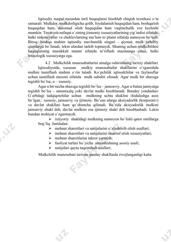 i insonlar o`rtasidagi munosabat sifatida gavdalanishi kerak. mulkchilik huquqlari nazariyasi nafaqat boshqaruv, xavfsizlik, merosga topshirish huquqlarini qo`shgan holda huquqlar to`plamini kengaytiradi, balki huquqlarning o`zlarining aylanuvchanligiga, oldi-sotdi ob’ektlari bo`lib buyumlarning o`zi emas, balki ularga nisbatan huquq hisoblanishiga e’tiborni qaratadi. masalan, yer uchastkasidan foydalanish huquqi; mol-mulkdan foydalanishdan keladigan daromadni olish huquqi va b. xuquqshunoslarning fikricha, mulk – bu mutlaq huquq. mulkdorga qonun bilan taqiqlanmagan hamma narsa ruxsat etilgan. mutlaq huquq ijobiy cheklov emas, balki salbiy cheklov (nima mumkin emas) bilan yoritiladi. agar huquqlarning muayyan to`plami, masalan, a.onore tomonidan sanab o`tilgan 11 ta huquqning aksariyati ikkilamchi hisoblanadi. misol uchun, xavfsizlik huquqini olaylik. uning o`zi yetarli emas, chunki huquq faqat davlat tomonidan muhofaza qilingan taqdirda, klassik nuqtai nazardan huquq hisoblanadi. voz kechish huquqi – bu tasarruf etish huquqining bir qismi. javobgarlik huquqi mulkchilik huquqini emas, umuman fuqarolik huquqini o`zida namoyon etadi. iqtisodiy nuqtai nazardan turli huquqlarni hisoblab chiqish texnikasi o`ta samarali. mulkdor, mulkdorligicha qolib, …