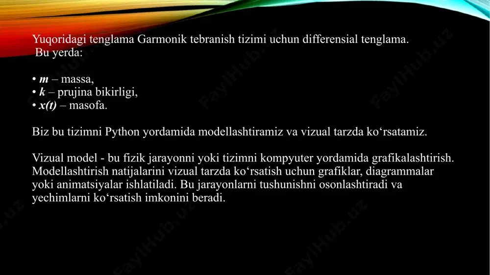 t), foizga asoslangan grafik. 6. xlabel("matn") – x o‘qi uchun nom yozadi. 7. ylabel("matn") – y o‘qi uchun nom yozadi. 8. title("matn") – grafik uchun sarlavha qo‘yadi. 9. legend() – grafikdagi chiziqlarga izoh (label) chiqaradi. chiziq yaratishda label="..." yozilishi kerak. 10. grid(true) – grafikda fon chiziqlarini (setka) chiqaradi. 11. xlim(min, max) – x o‘qining ko‘rinish diapazonini belgilaydi. 12. ylim(min, max) – y o‘qi uchun diapazonni belgilaydi. 13. figure() – yangi grafik oynasini yaratadi (bir nechta grafik chizish uchun). 14. subplot(n, m, k) – bitta oynada bir nechta kichik grafiklar (plot) chizish uchun. 15. show() – grafikni ekranga chiqaradi. bu eng oxirida yoziladi. 16. savefig("grafik.png") – grafikni faylga (rasmga) saqlab qo‘yadi. image2.png image3.png image4.png image5.png image1.png /docprops/thumbnail.jpeg
