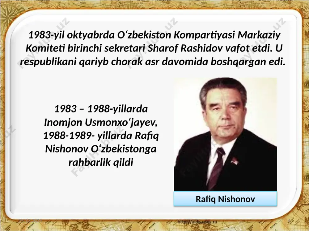 dida noto’g’ri belgilash 5. mintaqani iqtisodiy rivojlanti-rishda atrof-muhitga salbiy ta’sir etish mumkin bo’lgan jarayon-larni ilmiy asoslanmaganligi 6. mahalliy aholi turmush darajasini yaxshilishga qaratilgan ijtimoiy-siyosatning kuchsizligidir. 7. sug’orish tizimlarini loyihalash, qurish va foydalanish ishlarining sifatsiz bajarilishi orol dengizi muommasining kelib chiqishining yana bir sababi, ayrim suv omborlarini noqulay joylarga qurilganidir. xozirgi kunda o’rta osiyoda respublikalari xududida 50 dan ortiq suv omborlari mavjud, ular juda ko’p miqdordagi suvning bexuda bug’lanishi va yerga singib, yon atrofdagi yerlarning meliorativ holatining yomonlanishiga olib keldi. keyingi chorak asr davomida ko’ndalang bo’lib turgan orol dengizi muommasini xal etish uchun bir qator loyihalar taklif etilganligiga qaramay, ularning birortasi xam joriy etilmagan. ixtiofaunasi: - 20 baliq turi. orol dengizi ko‘llarida 38 baliq turi yashagan. yillik baliq tutish darajasi: 30 ming tonna. 1960 yil – orol maydoni 68,9 ming km2 suv hajmi 1083 km3 bo‘lgan. o‘tmishda orol orol dengizi 1957-yilda maydoni - 66,5 ming km2 suv hajmi- 1064,0 km3 chuqurligi- …
