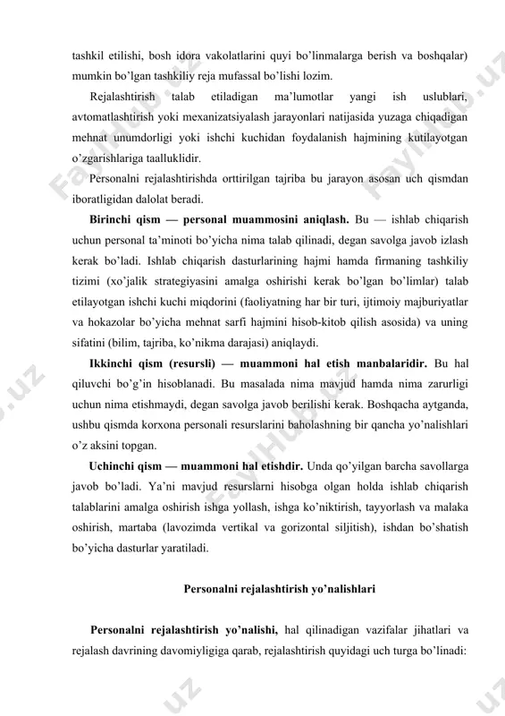 ha). personal bilan ishlash doirasida hal etiladigan vazifalarning xilma-xilligi personalni rejalashtirishning quyidagi turlarini keltirib chiqaradi: · personalga ehtiyojni rejalashtirish; · personalni jalb etish (ishga qabul qilish)ni rejalashtirish; · personaldan foydalanish va uni qisqartirishni rejalashtirish; · personalni o’qitishni rejalashtirish; · personal tarkibini saklab qolishni rejalashtirish; · personalga sarf-xarajatni rejalashtirish; · mehnat unumdorligini rejalashtirish. personalga ehtiyojni rejalashtirish mavjud mehnat resurslari salohiyatini, ularga kelajakdagi ehtiyojni baholashni, personalni rejalashtirish bo’yicha dasturlar ishlab chiqishni talab etadi. personalga ehtiyojni rejalashtirishda quyidagilarni farqlash lozim: — umumiy ehgiyoj — rejalashtirilgan ish hajmini bajarish uchun tashkilotga zarur bo’lgan xodimlar umumiy soni (personalga brutto-ehtiyoj); — qo’shimcha ehtiyoj — korxona joriy ehtiyojlaridan kelib chiqqan holda, rejalashtirilayotgan davrda mavjud ishchi kuchi soniga zarur qo’shimcha xodimlar (personalga netto-ehtiyoj). personalni jalb etish (ishga qabul qilish)ni rejalashtirishda quyidagilar hisobga olinishi lozim: · talab etilayotgan miqdor, jalb etish muddatlari; · taklifdagi alohida muammolar va ularni bartaraf etish vositalari; · jalb etish dasturi. personalni jalb etishda ikki …