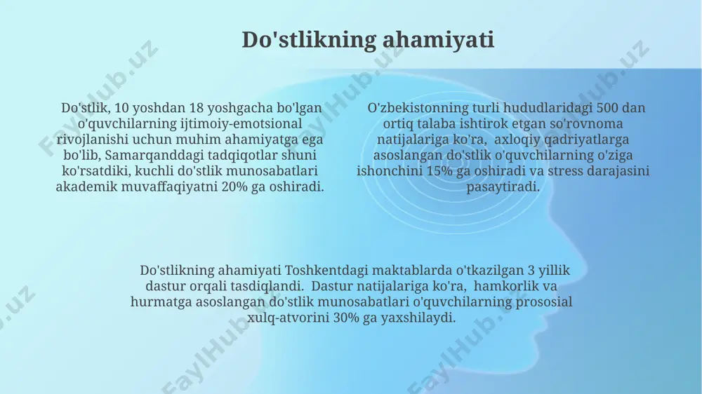 lik o'quvchilarning o'rtasida do'stlik munosabatlarini mustahkamlashda 70% ga yordam beradi. hamdardlik va mehr-oqibat hamdardlik va mehr-oqibat, 5 yoshdan 12 yoshgacha bo'lgan bolalarda samarqanddagi 2 ta maktabda o'tkazilgan tadqiqotlar shuni ko'rsatdiki, o'zaro yordam va hurmat tuyg'ulari do'stlikning mustahkam poydevorini quradi. mehr-oqibatli muhit yaratishda o'qituvchilarning roli muhim; 70% ga yaqin o'quvchilar o'zlarining o'qituvchilarining andijon viloyatidagi maktablarda namoyon bo'lgan mehr-oqibatli munosabati do'stlikni rivojlanishiga ijobiy ta'sir ko'rsatganini ta'kidlashgan. toshkent shahridagi 3 ta litseyda o'tkazilgan kuzatuvlar shuni ko'rsatdiki, hamdardlik va mehr-oqibat ko'nikmalariga ega bo'lgan 150 nafar o'quvchi orasida tengdoshlari bilan salbiy munosabatlar kamroq kuzatilgan. hurmat va ishonchni rivojlantirish hurmat va ishonchni rivojlantirishda 5-10 yoshli bolalarga 3 ta asosiy qoida – halollik, do'stlik va o'zaro yordam – tushuntirilishi, samarqanddagi maktablarda amaliyot sifatida qo'llanilishi mumkin. maktabda o'tkaziladigan 15 ta turli o'yinlar va faoliyatlar orqali, masalan, toshkentdagi "barkamol avlod" markazida qo'llaniladigan usullar, o'quvchilarning bir-biriga bo'lgan hurmati va ishonchini mustahkamlashga yordam beradi. o'zbekistonning 7 ta viloyatida o'tkazilgan tadqiqotlar shuni …