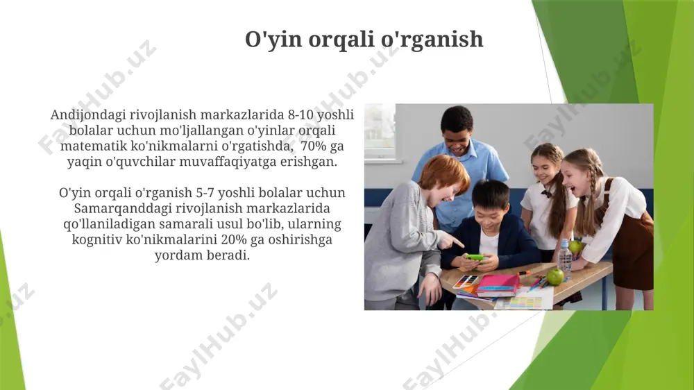 va natijalar 10 ball shkalasi bo‘yicha baholanadi. ta'lim dasturlari va ularning xususiyatlari фарғона водийсидаги бир нечта ривожланиш марказларида 100 дан ортиқ бола иштирок этаётган "ёш муҳандис" номли 3 йиллик муҳандислик таълим дастури амалиётга жорий этилди. самарқанд вилоятидаги "зиё" марказида математика ва табиий фанлар бўйича 8 та инновацион таълим дастури жорий этилган, бунда интерактив усуллар ва 3d технологияларидан фойдаланилади. o'qituvchilarning malakasi va tayyorgarligi toshkent shahridagi rivojlanish markazlarida ishlayotgan o'qituvchilarning 75% dan ortig'i bolalar psixologiyasi va ijtimoiy-emotsional rivojlanish bo'yicha sertifikatlangan mutaxassislar hisoblanadi. farg'ona viloyatida joylashgan rivojlanish markazlari o'qituvchilari o'quv dasturlariga 3 dan ortiq yangi innovatsion uslublarni qo'shish orqali o'z malakalarini doimiy ravishda oshirib bormoqdalar. xavfsizlik va sog'liqni saqlash фарғона водийсидаги 12 та ривожланиш марказида ўтказилган тадбирларда 150 нафардан ортиқ болалар озиқ-овқат маҳсулотларининг сақланиши ва истеъмоли бўйича 10 та асосий қоида билан таништирилди. самарқанд вилоятидаги ривожланиш марказларида 3-7 ёшли болалар учун ҳар ҳафта 2 марта, 1 соатдан биринчи тиббий ёрдам кўрсатиш ва хавфсизлик …