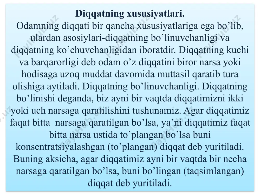 ’lgan bu hodisani yoruglik adaptatsiyasi deb yuritiladi. 3. sezgirlikning kuchsiz qo’zg’atuvchi ta’siri ostida sodir bo’ladigan ortishini ham adaptatsiya deb yuritiladi. ayrim sezgi turlariga xos bo’lgan adaptatsiyaning bu xilini pozitiv adaptatsiya deb tariflash mumkin. ko’rish analizatorida pozitiv adaptatsiya qorong’ulik adaptatsiyasi deb yuritiladi. u qorong’u joyda bo’lish ta’siri ostida ko’rish sezgirligining ortishi bilan ifodalanadi sezgi organlarining qo’zg’otilishi ta’siri ostida analizator sezgirligining o’zgarishi sezgilarning o’zaro munosabati deb ataladi. sensibilizatsiya – analizatorning o’zaro munosabati va mashq qilish natijasida sezgirlikning kuchayishi sensibilizatsiya deb ataladi. sezgilar o’zaro munosabatining fiziologik mexanizmi analizatorlarning markaziy qismlari joylashgan bosh miya po’stidagi qo’zg’alishning irradiatsiya hamda konsentratsiya jarayonlaridir. sinesteziya – sezgilarning o’zaro munosabati sinesteziya deb ataladigan yana bir turdagi hodisada namoyon bo’ladi. qo’zg’atuvchining biron analizatorga ta’siri bilan boshqa analizatorlarga xos sezgining paydo bo’lishini sinesteziya deyiladi. /docprops/thumbnail.jpeg