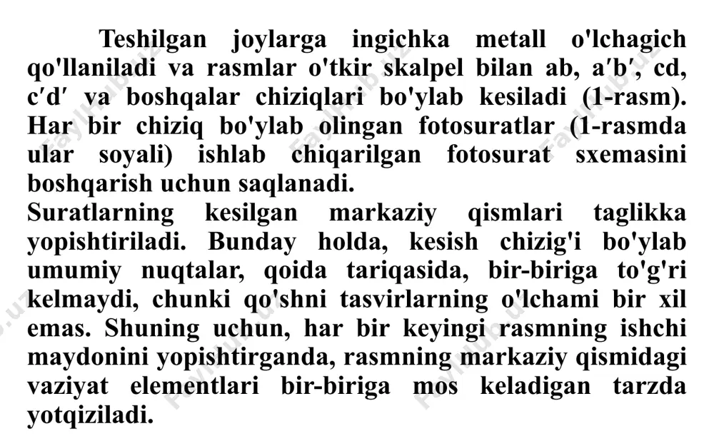 ht bilan teshilgan teshiklari markazlari bilan hizalanishi nazorat qilinadi. rasmni joylashtirgandan so'ng, ikkala rasmni ham kesib oling, xuddi rasm sxemasini bo'g'inlarni kesish usuli bilan o'rnatiladi. shundan so'ng, birinchi marshrutning rasmlari og'irliklar bilan o'rnatiladi va qo'shni yo'nalish tasvirlarini bir xil tartibda yig'ish va kesishga o'tiladi. bunday holda, konturlarning konvergentsiyasini nazorat qilish ham uzunlamasına, ham ko'ndalang kesishish zonalarida amalga oshiriladi. shundan so'ng, ko'ndalang qoplamaning o'rta chizig'i bo'ylab qo'shni chiziqlar tasvirlari kesiladi. fotosurat xaritasi o'rnatilgandan so'ng, aerofotograflar trapezoid ramkalari bo'ylab qirqiladi, 1 sm kenglikdagi chiziq ichida va tasvirni qayta ishlash chegaralari bo'ylab 2 sm masofada saqlanadi. ularga qo'llaniladigan panjara chiziqlari fotografik xaritani boshqarish uchun saqlanadi. agar tasvirlar zonalar bo'yicha o'zgartirilsa, birinchi navbatda, ularning har birida formula bo'yicha hisoblangan pozitsiyalariga tuzatishlar kiritish orqali o'zgartirish nuqtalarining joylashuvi to'g'rilanadi. bunday holda, ijobiy tuzatishlar markazga, salbiylari esa markazga joylashtiriladi. olingan nuqtalarda diametri 1,0 mm bo'lgan teshiklar alohida teshiladi. agar bitta aeronegativdan turli zonalarga aylantirilganda olingan barcha izlar …