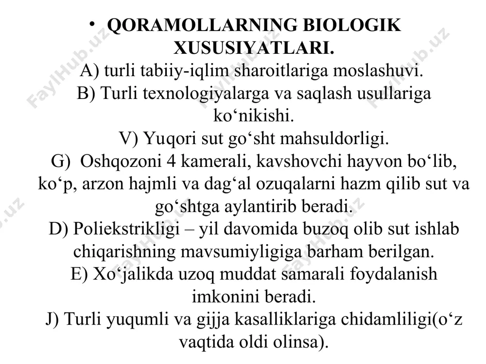 dagi sut mahsuldorligi o‘rtacha 1800-2500 kg; sutining o‘rtacha yog‘liligi 3,8-4,0 %; buqalari go‘sht uchun jadal o‘stirilganda kunlik semirishi 750-1000 g; so‘yim chiqimi 55-60 %. mahsuldorlik ko‘rsatkichlari qozoqi oqbosh zoti ushbu zot aqsh ning texas shtatidagi santagertruda tumanida 1940 yilda yaratilgan. mazkur zot duragay chatishtirish usulida yaratilgan zotlardan hisoblanadi. hindistonning braman zoti bilan angliyaning shortgorn zotini duragaylashtirishdan olingan. olingan duragaylarning 5/8 shortgorn 3/8 braman qoni bo‘lgan eng mahsuldorlari «o‘z ichida» urchitilgan so‘ngra ularni tanlash va saralash asosida zotli mollar shakllantirilgan. santa-gertruda zotli mollar issiq iqlim sharoitiga yaxshi moslashganligi, hayotchanligi, qon parazitar kasalliklarga chidamliligi, yaylovlarning dag‘al ozuqalaridan samarali foydalanishligi bilan boshqa zotlardan farqlanadi. santa – gertruda zoti. mahsuldorlik ko‘rsatkichlari: - buzoqlarning tug‘ilgandagi vazni 29-30 kg; - 8 oyligidagi vazni 220-240 kg; - sigirlarning o‘rtacha tirik vazni 550-650 kg; - buqalarning o‘rtacha tirik vazni 900-1200 kg; - bir laktatsiyadagi sut mahsuldorligi o‘rtacha 1500-1800 kg; - sutining o‘rtacha yog‘liligi 4,0-5,0 %; - so‘yim chiqimi …