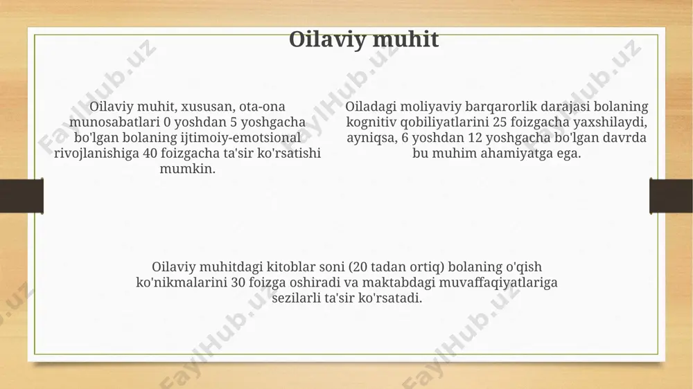 i boyitadi. madaniy ta'sir, xususan, an'anaviy rasm-rusumlar bolaning ijtimoiy-emotsional rivojlanishiga ta'sir etadi, 5 yoshgacha bo'lgan bolalarda o'zini identifikatsiya qilish shakllanadi. kirish tadqiqotlar shuni ko'rsatadiki, kirish davridagi ijobiy stimulatsiya, masalan, o'yinchoqlar va o'zaro aloqalar, miyaning rivojlanishini 25% gacha yaxshilaydi va kognitiv qobiliyatlarni kuchaytiradi. kirishda stressli atrof-muhit erta bolalik davridagi salbiy tajribalar (aces) darajasini oshirishi mumkin, bu esa bolaning kelajakdagi jismoniy va ruhiy salomatligiga 30% gacha ta'sir qilishi mumkin. kirish - bu bolaning umumiy rivojlanishiga ta'sir qiluvchi, uning temperamentini, ijtimoiy ko'nikmalarini va hissiy barqarorligini shakllantiradigan atrof-muhit omillarining dastlabki ta'siridir. ommaviy axborot vositalari va texnologiyalar raqamli texnologiyalar bolalarning diqqatni jamlash qobiliyatiga ta'sir qilishi mumkin, chunki tez almashinuvchi kontent miyaga 25% gacha qo'shimcha yuklamalar beradi, xotirani pasaytiradi. ijtimoiy tarmoqlarning bolalar xulq-atvoriga ta'siri, masalan, instagram, tengdoshlar bosimi va o'zini past baholash kabi muammolarni keltirib chiqarishi mumkin, statistik ma'lumotlarga ko'ra 30% o'smirlarda. ommaviy axborot vositalari, ayniqsa televizor, erta yoshda bola nutqining rivojlanishiga salbiy ta'sir ko'rsatishi mumkin, …