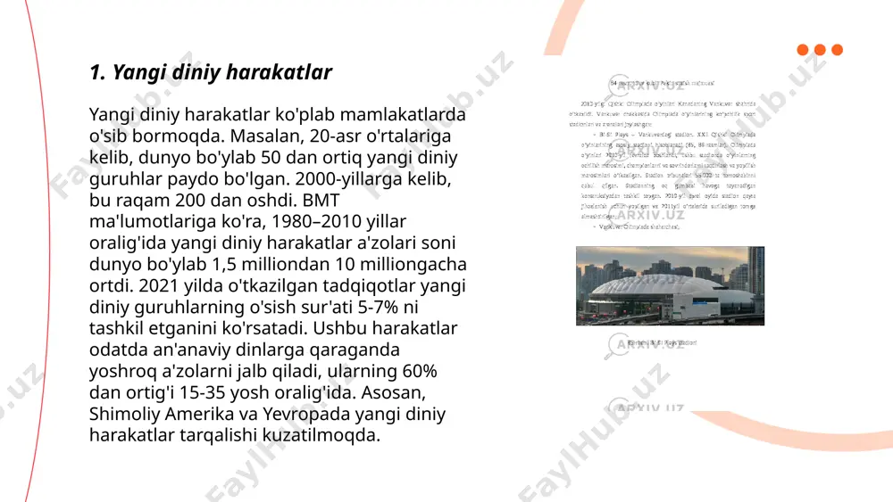 nsonlarning 60-70 foizi yangi jamoalarga qo'shilishda qiyinchiliklarga duch keladi. ushbu jarayon davomida insonlar ijtimoiy qo'llab-quvvatlash tarmoqlariga ehtiyoj sezadi va ko'pincha salbiy psixologik ta'sirlarga uchraydi. yangi diniy talimotlar va sektalar xusenova mehriniso e'tiboringiz uchun raxmat! image1.png image2.png image3.png image4.png image5.png image6.png /docprops/thumbnail.jpeg