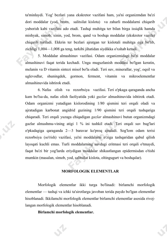 orfologik elementlar — tashqi va ichki ta'sirotlarga javoban terida paydo bo'lgan elementlar hisoblanadi. ikkilamchi morfologik elementlar birlamchi elementlar asosida rivoj-langan morfologik elementlar hisoblanadi. birlamchi morfologik elementlar. dog'. bu teri rangining chegaralangan o'zgarishidir. dog', odatda, uni o'rab turgan teri bilan bir sathda joylashadi va konsistensiyasiga ko'ra undan farq qilmaydi. tomirli va pigment dog'lar farq qilinadi. tomirga aloqador dog'lar yallig'langan va yallig'lanmagan bo'lishi mumkin. 26 yallig'li tomir dog'i — terining tashqi yoki ichki ta'sirlovchilar keltirib chiqargan turli o'lchamdagi chegaralangan qiza-rishidir. bunday dog'larning rangi pushti-qizil, keyinchalik ular ko'kimtir yoki qo'ng'irroq tusga kiradi. diametri 1 — 1,5 sm keladigan mayda pushti dog' rozyeola (zaxm, qizamiq, skarlatina, ich terlama va boshqalarda), birmuncha kattarog'i erityema (dermatitlarda, quyoshda ortiqcha nurlanishda va boshqalarda) deyiladi. teri tomirlarining barqaror kengayishi natijasida yallig'lanishga aloqador bo'lmagan tomir dog'lari hosil bo'ladi. ular turmushda orttirilgan (teleangiektaziyalar) yoki tug'ma (tomirlardagi tug'ma dog'lar) bo'ladi. tomirlardan qon teri to'qimasiga chiqqanda gemorragik dog'lar hosil bo'ladi, bular gemoglobinning parchalanishi …