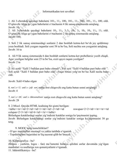 informatika attestatsiya test savollari — DOCX