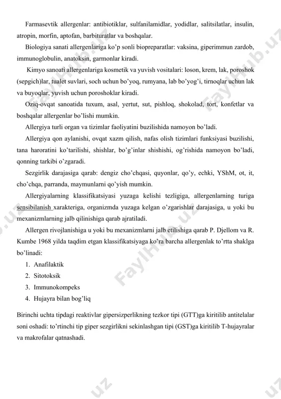 us olimi g.p. saxarovlar tomonidan yoritilgan. gtt antigen bilan qayta uchrashganda 20-30 daqikada namoyon bo’ladigan reaksiyalar kiritilgan. gtt ko’pincha: 1. anafilaksiya 2. atopiya 3. zardob kasalligi shaklida namayon bo’ladi. anafilaksiya – organizmga allergen parenteral yo’l bilan qayta kiritilganda yuzaga keladigan tezkor reaksiyadir. anafilaksiya eksperemental yo’li bilan chaqiriladigan allergiyadir. buning uchun allergen ikki marta yuborilishi lozim. birinchi marta sensebilash uchun allergiyani 0,0001 gramm yuborish yetarli. yuqori sezgirlik 8-21 kunda paydo bo’ladi. sensibilangan organizm normal organizmdan usullar farq qilmaydi. ikkinchi doza hal qiluvchi ahamiyatga ega va u kiritilgan anafilaksiya rivojlanadi. anafilaksiyaning klinik ko’rinishi, havo yetishmasligi, ixtiyorsiz siydik va axlat ajratishi, klonik va tonik keltirish (tutanoq) bilan namoyon bo’ladi. hayvonlar odatda bo’g’ilishdan o’ladi. anafilaksiya uchun maxsuslik, zudlik bilan namoyon bo’lish antitelolar bilan reaksiya namunasida yuz berish xosdir. sensibilizatsiya oylab va yillab davom etishi mumkin. a.m. bezredka (1907) desensibilizatsiya fenomenini aniqladi. desinsibilizatsiya uchun oldin preparat qabul qilgan hayvon yoki odamga avval kichik dozada 0,01-0.1 …