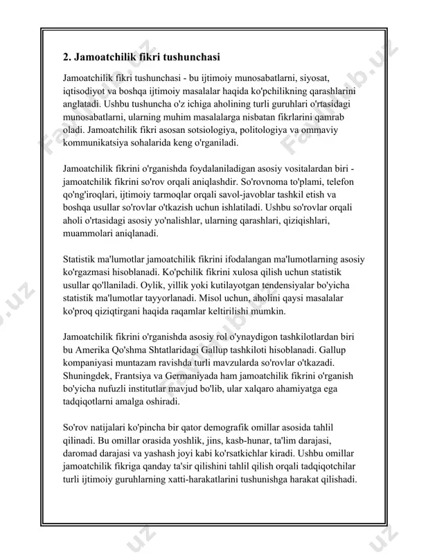 21 yilda mamlakatdagi ishsizlik darajasi 10,5% ni tashkil etgan. ushbu ko'rsatkich so'nggi yillarda jamoatchilik fikriga sezilarli ta'sir ko'rsatgan. shuningdek, siyosiy omillar, hukumat qarorlari, siyosiy partiyalar harakati va saylovlar jamoatchilik fikriga bevosita ta'sir o'tkazadi. 2019 yilda o'tkazilgan o'zbekiston respublikasi prezidenti saylovlarida umumiy saylovchilarning 87,7% i ishtirok etgan. saylovlar oldidan va ulardan keyin o'tkazilgan so'rovlar tirigan ommaviy axborot vositalarining turli mavzulardagi ta'sirini yaqqol ko'rsatdi. diniy va madaniy omillar ham jamoatchilik fikrining shakllanishida o'z aksini topadi. o'zbekistonda 2020 yilda o'tkazilgan so'rov ma'lumotlariga ko'ra, aholining 94% i musulmonlar, jumladan islom dini asosiy e'tiqod sifatida qabul qilinadi. diniy va madaniy qadriyatlar orasidagi muvozanat jamoatchilik fikri shakllanishining muhim qismi hisoblanadi. sosiologlar va psixologlar jamoatchilik fikrining shakllanish jarayonini o'rganish uchun so'rovlar va tahlillardan faol foydalanishadi. o'zbekiston sosiologik tadqiqotlar markazi muntazam ravishda aholining turli sohalarda fikrlarini o'rganish uchun so'rovnoma o'tkazadi. masalan, markaz tomonidan 2021 yilda o'tkazilgan ilmiy tadqiqot natijalariga ko'ra, aholi orasida eng ko'p muhokama qilinayotgan mavzulardan biri …