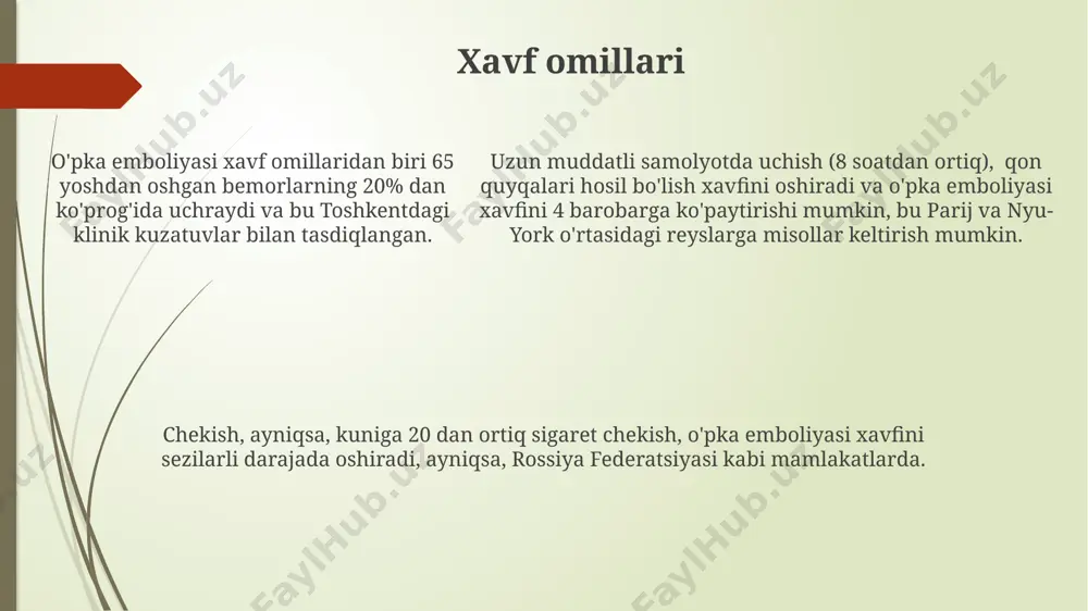 sh muhim ahamiyatga ega. o'pka emboliyasi tashxisi qo'yilganda, 50 yoshdan oshgan bemorlarda yurak yetishmovchiligi, ayniqsa, chap qorincha disfunksiyasi bilan bog'liq bo'lgan holatlar, differensial diagnostika ro'yxatida birinchi o'rinlarda turadi. bu holatlar aqshda yiliga 1 million bemorda kuzatiladi. e'tiboringiz uchun rahmat @taqdimot_robot