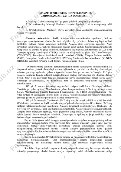 o‘zbekiston respublikasining jahon hamjamiyatiga qo‘shilishi — DOC