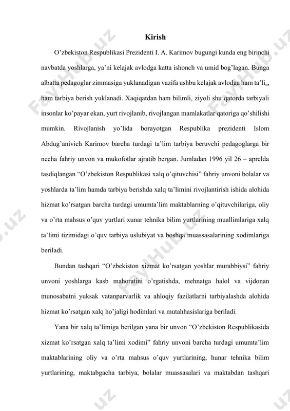 i, kurslar va institutlarning respublika xalq ta’limini rivojlantirishda alohida hizmat ko’rsatgan xodimlariga shuningdek xalq ta’limi boshqa muassasalarning anashunday hodimlariga beriladi va bundan tashqari birqancha fahriy unvonlar ham mana shu xalq ta’limiga berilgan katta umid bog’lagani yaqqol ko’zga tashlanib turibdi. muhtaram prezidantimiz i. a. karimov mamlakat yoshlarini xorijiy tillarni puxta egallab, xorij mamlakatlarida ham o’qib bilimlarini yanada boyitib kelishida keng yo’lochib, 1997 yil 7 – yanvardagi o’zbekiston respublikasi prezidentining iqtidorli yoshlarning chet elda ta’lim olishlarini qo’llab – quvvatlash “umid” jamg’armasini tuzish to’g’risidagi farmon ishlab chiqildi. prezidentimizning farmoni bilan xopijiy tilni o’rgatish bugungi kunda maktabgacha ta’lim muassasalaridan boshlab o’rgatilmoqda. bu ham bo’lsa xorijiy tilga talab yanada ortib borayotganidan dalolat beradi. aytib o’tganimdek chet tilini maktabgacha ta’lim muassasalarida o’qitilar ekan, chet tilini yani o’z ona tili bo’lmagan bu bolalarni qiziqtirib, xorijiy tilni o’rganishga yordam berishimiz zarur. bugungi kunning yoshlari kampyuter, internet, uyali telefonlarni puxta egallamoqda. bu ham horijiy tilni o’rganishida katta yordam bermoqda. …