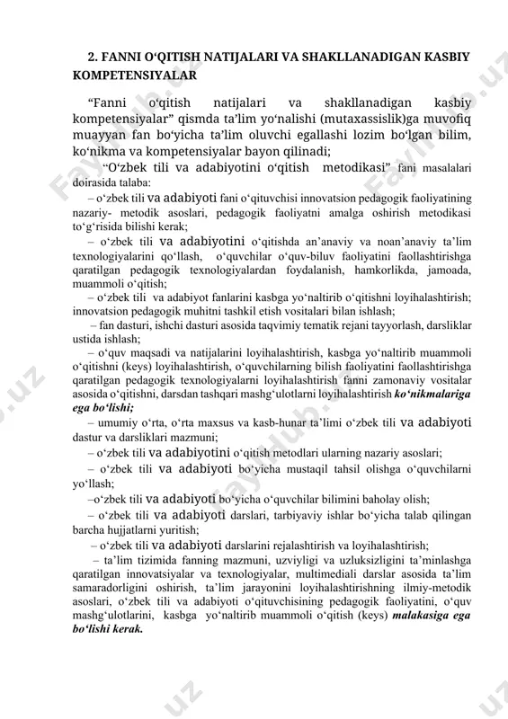 i, tahlil usullarini bilishi va uni amaliyotda qo‘llay olishi shart. qoniqarli “3” baho (kredit to‘plash) olish uchun uchun talaba qo‘yilgan nazariy muammoning mohiyatini tushunishi, tahlil usullarini bilishi shart. qoniqarsiz “2” baho(kredit to‘plamagan) talabaga fan bo‘yicha aniq tasavvurga ega bo‘lmasligi va fanni o‘zlashtirmaganligi uchun qo‘yiladi. 5. o‘quv mashg‘ulotlari va mustaqil ta’lim qismi 7-semestr ma’ruza mashg‘ulotlari № ma’ruza mavzulari qisqacha tavsifi (kalit so‘zlar) soatlar hajmi 1-bob (modul) mavzusi 1 kirish. adabiyot o‘qitish metodikasining umumnazariy masalalari. ushbu mavzuda fanning obyekti, predmeti, maqsad va vazifalari ko`rsatilib, uning o`ziga xos jihatlariga to`xtalinadi. shuningdek, ushbu fanning pedagogik fanlar tizimiga mansubligi va buning sabablari. metodikaning xususiy pedagogik fan ekani, unda filologik mantiq emas, balki pedagogik mantiq ustuvor bo`lishi zarurligi. 2 2 adabiyot o‘qitish metodikasining tarixi va shakllanish taraqqiyoti. turkiston o`lkasida juda qadim zamonlardan adabiyot o`qitishga alohida e’tibor qaratilgani. xalq pedagogikasida o`rinli va topib so`zlashga jiddiy diqqat qaratilgani. o`zbek xalq og`zaki ijodi namunalaridagi barcha qahramonlarning savodli ekani, ularning …