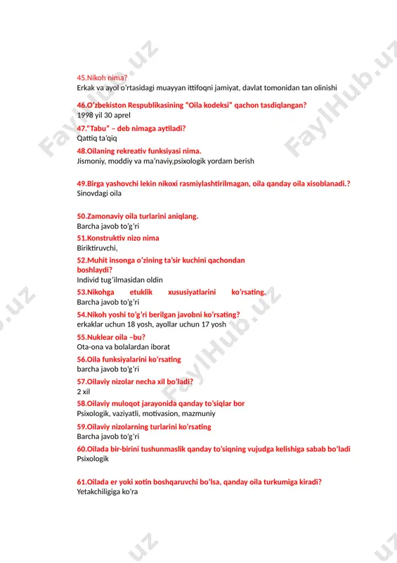 ................... bolalarning aqliy, jismoniy, axloqiy, estetik tarbiyalash 71.o’zaro qovushishlarni shartli ravishda uchta tarkibiy qismga ajratish mumkin, ular: biologik , psixologik , sotsial 72.felisitalogik funksiya bu.................. baxtli bo’lishlik 73.oila uchun eng xavfli payt nikohning dastlabki nechanchi yili xisoblanadi? 5 74.yolg’iz onaxon yoki otaxonlar, er yoki xotinning o’limi tufayli noto’liq bo’lgan oilalar, yoki ajrim tufayli paydo bo’ladigan oila tiplari nima deyiladi? noto’liq oila 75.“qobusnoma” asarini kim yozgan? kaykovus 76.“qutadg’u bilig” asarini kim yozgan? yusuf xos hojib 77.“uy xo’jaligi” asarini kim yozgan? ibn sino 78.“hikmatlar xazinasi” asarini kim yozgan? yusuf tovasliy 79.oilaning to’liqliligiga ko’ra turlarini ko’rsating? to’liq, noto’liq, qayta tuzilgan(ikkinchi nikoh) oila 80.oilaning bo’g’inlar soniga ko’ra turlarini ko’rsating? nuklear va ko’p bo’g’inli oila 81.oilaning bolalar soniga ko’ra turlarini ko’rsating? farzandsiz, bir bolali, ikki bolali, 3-4 bolali, 5 va undan ortiq bolali oila 82.oilaning er-xotinning ijtimoiy kelib chiqishiga ko’ra turlarini ko’rsating ishchilar, dehqonlar, xizmatchilar, ziyolilar, aralash tipdagi oila 83.oilaning ma’lumot saviyasiga ko’ra turlarini ko’rsating? …