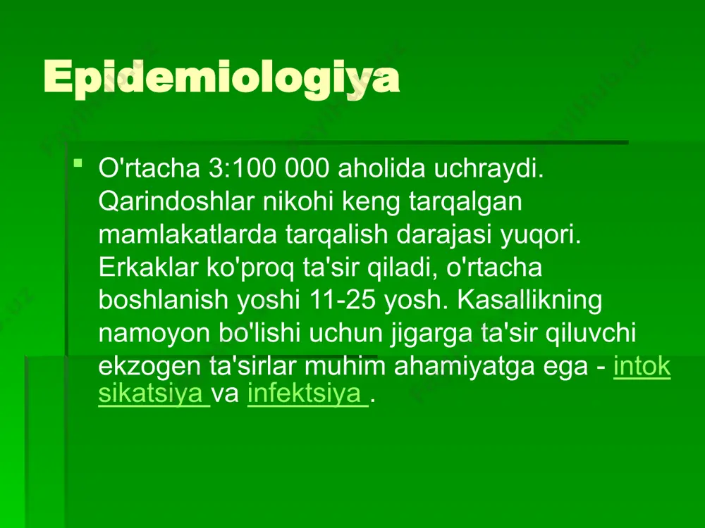 a / yoki falaj, atetoz, epileptik tutilishlar, so'lak oqishi, dizartriya, xatti-harakatlar va nutqning buzilishi). buyrak tubulyar atsidoz ham kuzatiladi - glyukozuriya , aminoatsiduriya , fosfaturiya, uraturiya , proteinuriya. descemet membranasida mis cho'kishi kayser- fleischer halqalarining shakllanishi bilan namoyon bo'ladi . shox pardada misning cho'kishi neyropsikiyatrik alomatlar paydo bo'lishi bilan deyarli bir vaqtning o'zida sodir bo'ladi (jigarning mis bilan to'yinganidan keyin). misning shox pardaning descemet membranasida to'planishi sariq-jigarrang (ba'zan yashil rangli) pigmentatsiyaning shakllanishiga olib keladi: kayser- fleischer halqasi . ko'p miqdordagi misning qonga tez kirib borishi bilan sezilarli kupremiya rivojlanadi va eritrotsitlar membranasiga biriktirilgan va oqsillar bilan komplekslar hosil qiluvchi mis gemolitik anemiya rivojlanishiga olib keladi. shuning uchun bemorlarning 15 foizida kasallik gematologik sindromlar, birinchi navbatda gemolitik anemiya sifatida namoyon bo'ladi. bundan tashqari, teri (tirnoq to'shagi yaqinidagi ko'k teshiklar, giperpigmentatsiya), yurak ( kardiyomiyopatiyalar ), suyaklar (o'z-o'zidan yoriqlar), bo'g'inlar ( artropatiya ) va endokrin tizim (jinekomastiya) ta'sir qiladi. oqim kurs progressiv, remissiya …