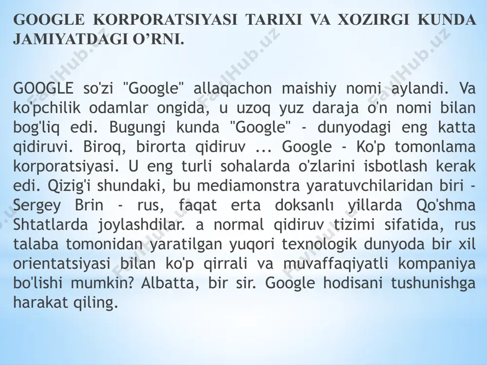 ga ega. google korporatsiyasiga shuningdek, 466453.com ham tegishlidir. bu raqamlar telefon klaviaturasida g o o g l e harflaridir. 6. statistikaga ko‘ra, 2016 yil oktabrda google’ning jahon qidiruv tizimidagi ulushi 90,3 foizga yetgan. 2017 yil iyulda bu raqam 86,8 foizga tushdi. 7. google tarkibida hamon oq tanli va osiyoliklar ko‘pchilikni tashkil etadi. recode ma'lumotlariga ko‘ra, google’ning oq tanli xodimlari soni bu yil 59 foizdan 56 foizga tushgan. osiyolik ishchilar soni 32 foizdan 35 foizga oshgan. 8. google soni «gugol» so‘zidan olingan bo‘lib, 100 nolli raqamni anglatadi. 9. avvalroq, google mahalliy yangiliklarni avtomatlashtirish loyihasini moliyalashtirishi xabar qilingan edi. 10. google.com 1998 yili 2 dekabrda mana shunday ko‘rinishda edi. 11. har yilgi may oyida bo‘lib o‘tadigan google i/o ishlab chiqaruvchilar konferensiyasida kompaniyaning e'lon qilishicha, 2 mlrd sahifa uning amp formatiga murojaat qilmoqda. u kontentni yaxshiroq keshlash imkonini beradi. bu bilan mobil sahifalarni yuklash tezligi oshadi. ayni vaqtda shu formatda 900 ming domen …