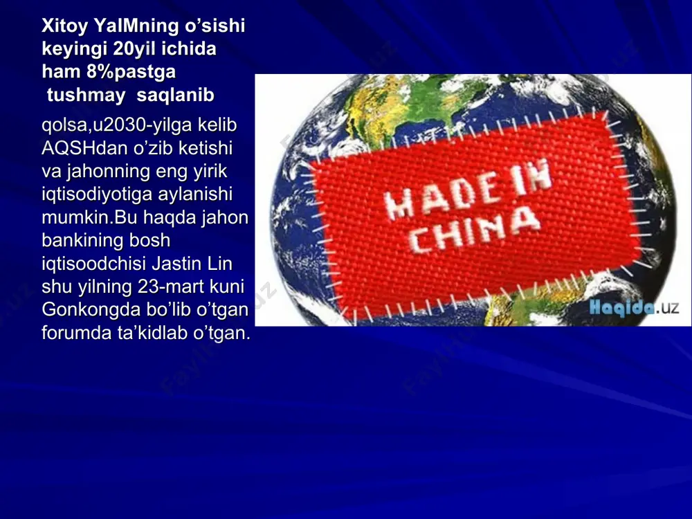 viy jahon texnologiyalariga ega bo'lmagan qadimiy mamlakat bo'lgan bo'lsa, xxi asrda xitoy texnikasining 60 foizi yuksak xalqaro darajaga yaqinlashdi. mamlakat atom energiyasi, fazo texnikasi, yuqori energiya fizikasi, biotexnologiya, kompyuter texnologiyasi va axborotlashtirish borasida sezilarli natijalarga erishdi. 2003 yil 15 oktyabrda xitoyning uchuvchi tomonidan boshqarilgan «shenchjou–5» fazo kemasining muvaffaqiyatli parvozi amalga oshirildi. shunday qilib xitoy boshqariladigan fazo texnologiyasiga ega bo'lgan uchinchi davlatga aylandi. 2004 yilda boshlangan oyni tadqiq etish rejasiga muvofiq, 2010 yilga borib, xitoy yer yo'ldoshiga uchuvchisiz boshqariladigan zondni olib chiqishi kerak. 2020 yilga kelib esa, oydagi tuproqdan tajriba uchun namuna olish ishlari tugallanishi kerak. xitoy iqtisodiy jihatdan ulkan rivojlanish salohiyatiga ega barqaror va qudratli mamlakatlardan biriga aylandi. mamlakat o'z oldiga qo'ygan maqsadlari – xxi asrning o'rtalariga borib, aholi jon boshiga yalpi ichki mahsulot bo'yicha o'rta rivojlangan mamlakatlar darajasiga yetib olish, aholining to'kin turmush darajasini ta'minlash sari ishonch bilan ildamlamoqda. uning ushbu maqsadlarga erishishi shubhasiz. buni nafaqat mamlakatning ko'p asrlik …