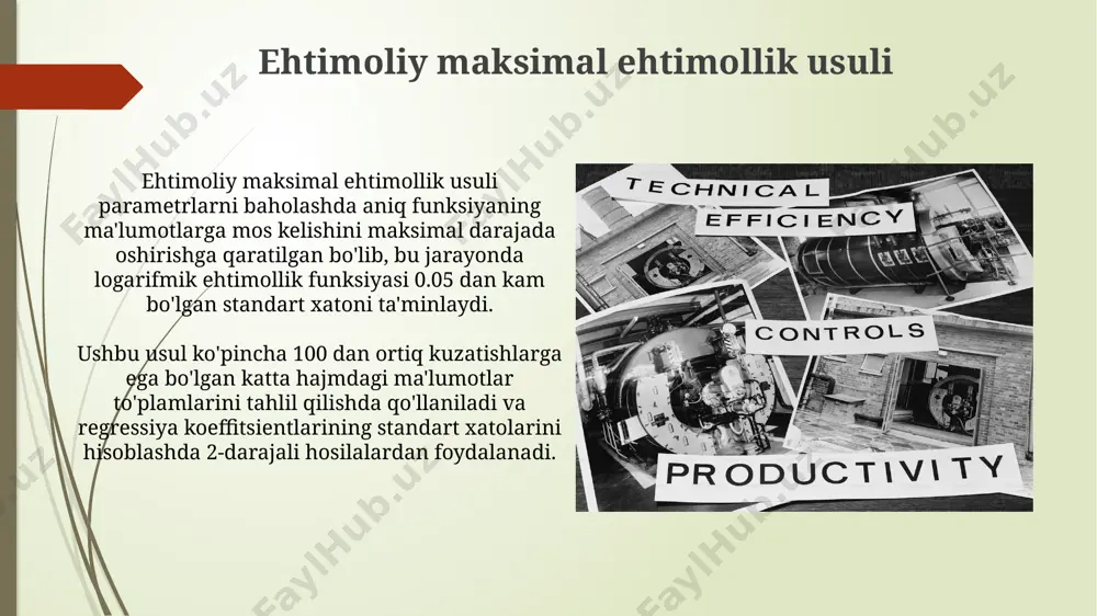 qaytish darajasini aniqlash mumkin. ces ishlab chiqarish funksiyasi ces funksiyasi, ρ parametrining qiymati -∞ dan +∞ gacha o‘zgarib, tovarlar orasidagi almashinuvchanlik darajasini aniqlaydi; ρ=0 bo‘lganda cobb-douglas funksiyasiga aylanadi. ces ishlab chiqarish funksiyasi, σ parametrining qiymati 1 dan katta bo‘lganda, tovarlar o‘rtasida yuqori darajadagi almashinuvchanlikni, ya’ni 0.5 dan kichik bo‘lganda esa past almashinuvchanlikni ko‘rsatadi. e'tiboringiz uchun rahmat @taqdimot_robot image1.jpg image2.jpg image3.jpg image4.jpg image5.jpg image6.jpg image7.jpg image8.jpg image9.jpg image10.jpg image11.jpg image12.jpg image13.jpg image14.jpg image15.jpg image16.jpg image17.jpg
