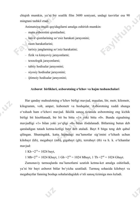 ishish uchun axborotdan foydalanadi. har bir inson ob-havo ma’lumotiga, transport vositalari qatnovi jad valiga, bank va biznes ma’lumotlariga hamda kundalik yangiliklardan habardor bo‘lishga muhtojdir. agarda inson kundalik axborotlar va yangiliklardan xabardor bo‘lmas ekan, u jamiyatdan uzilib qolishi muqarrar. fay tushunchasi va ularning turlari fayl yagona, yaxlit deb qaraladigan ma’lumotlar yoki dastur kodlari majmuyidir. fayl o‘z nomiga ega bo‘lgan va tizimda saqlanadigan ma’lumotlarning asosiy elementi bo‘lgan obyektdir. foydalanuvchi faylni yaratishi, nusxalashi, jo‘natishi va yo‘q qilishi mumkin. har bir fayl atributlar va undagi axborotdan iborat bo‘ladi. faylning atributlariga, birinchi navbatda, uning nomi, axborot turi, yaratilish sanasi va vaqti, undan faydalanish usuli hamda undan foydalanishga ruxsat berish shartlari kiradi. fayllarning quyidagi turlari mavjud: · matn ma’lumotlarni o‘zida jamlagan fayllar; · grafik ma’lumotlarni o‘zida jamlagan fayllar; · musiqa ma’lumotlarni o‘zida jamlagan fayllar;– video ma’lumotlarni o‘zida jamlagan fayllar. fayllar ustida bajariladigan amallar. yuqorida aytilganidek, fayllar o‘z nomiga ega bo‘lgan hamda o‘zida axborotlarni jamlagan obyektdir. shunday …