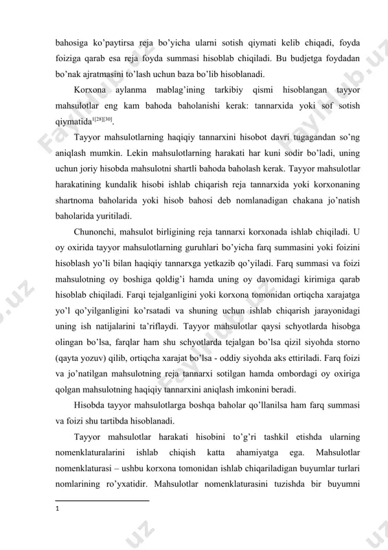mahsulotning haqiqiy tannarxini aniqlash imkonini beradi. hisobda tayyor mahsulotlarga boshqa baholar qo’llanilsa ham farq summasi va foizi shu tartibda hisoblanadi. тayyor mahsulotlar harakati hisobini to’g’ri tashkil etishda ularning nomenklaturalarini ishlab chiqish katta ahamiyatga ega. mahsulotlar nomenklaturasi – ushbu korxona tomonidan ishlab chiqariladigan buyumlar turlari nomlarining ro’yxatidir. mahsulotlar nomenklaturasini tuzishda bir buyumni ikkinchisidan ajratib olish imkoniyatini beradigan tayyor mahsulotlarni ma’lum belgilariga qarab qilingan tasnif asos bo’ladi. nomenklatura raqami turli miqdordagi raqamlar bilan belgilanishi mumkin. korxona nomenklaturalaridan quyidagi xizmatlarda: · dispecherlar – mahsulot ishlab chiqarish grafigining bajarilishini nazorat qilish uchun; · sexlar – ishlab chiqarilayotgan mahsulotlar assortimentini nazorat qilish uchun va tayyor mahsulotlarni omborga topshirishda nakladnoylar yozish uchun; · marketing bo’limi – mahsulot jo’natish shartnomasining bajarish imkoniyati ustidan nazorat qilish uchun; · buxgalteriya – analitik hisob, svodkalar va hisobotlar tuzish uchun foydalanishi mumkin. shuning uchun korxonalarning buxgalteriya hisobini tashkil qilish tizimida tayyor mahsulotlar ularni yuklash va sotish hisobi alohida o’rin tutib, uning …