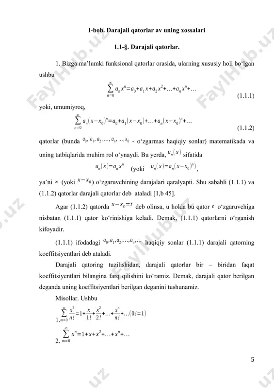 sa bо‘lishi kelib chiqadi. 3) bо‘lsin. bu holda (1.1.1) darajali qator ixtiyoriy nuqtada yaqinlashuvchi, ixtiyoriy nuqtada uzoqlashuvchi bо‘lishini kо‘rsatamiz. 1.2-§. darajali qatorlarning xossalari biror (1.1.1) darajali qator berilgan bо‘lsin. 4-teorema. agar darajali qatorning yaqinlashshi radiusi bо‘lsa, u xolda bu qator segmentda tekis yaqinlashuvchi bо‘ladi. isbot. shartga kо‘ra -(1.1.1) darajali qatorning yaqinlashish radiusi. demak, berilgan qator intervalda yaqinlashuvchi. jumladan, bо‘lganligidan, (14.27) darajali qator nuqtada ham yaqinlashuvchi (absolyut yaqinlashuvchi) bо‘ladi. demak, (1.1.11) qator yaqinlashuvchi. uchun har doim bо‘ladi. natijada, ushbu qatorning har bir hadi (1.1.11) qatorning mos hadidan katta emasligini topamiz. u holda veyershtrass alomatiga kо‘ra darajali qator segmentda tekis yaqinlashuvchi bо‘ladi. teorema isbot bо‘ldi. 3-eslatma. bu xossadagi sonni (1.1.1) darajali qatorning yaqinlashish radiusi ga har qancha yaqin qilib olish mumkin. ammo, umuman aytganda, (1.1.1) darajali qator da tekis yaqinlashuvchi bо‘lavermaydi. masalan, ushbu darajali qator oraliqda yaqinlashuvchi , ammo u da tekis yaqinlashuvchi emas [9, b 112]. 5-teorema. agar darajali qatorning yakinlashish …