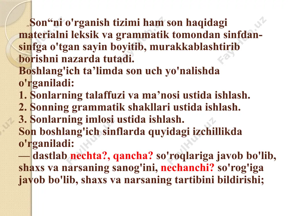 i aniqlatish, ba’zan tahlilni yozma tarzda bajarish (5ta unli bor, beshta bo'g'in bor) kabi mashq turlari qo'llaniladi. bunda „predmet (nomi)ga bog'lanib kelgan so'zga so'roq berib ko'r-chi? u nimani bildiryapti?" kabi savollardan foydalaniladi. ikkinchi bosqichda asosan ikki vazifa bajariladi: 1. nechta?, qancha? so'roqlariga javob bo'lib, shaxs va narsalarning sanog'ini: nechanchi? so'rog'iga javob bo'lib, shaxs va narsalar tartibini bildirgan so'zlar haqida elementar nazariy tushunchani shakllantirish; 2. sonlarga so'roq bera olish, ularning nimani bildirishini ayta olish, ulardan foydalanib o'z fikrini aniq ifodalash. mazmunga mos holda sonlarni o'rinli qo'llash (o'nta o'quvchi, o'ntacha o'quvchi kabi) ko'nikmasini o'stirish, lug'atlardan foydalana olish qobiliyatini shakllantirish. bu bilim va ko'nikmalar mashqlar bajarish bilan mustahkamlab boriladi. dastlabki mashqlar tayyor materialdan sonni aniqlashga va izohlashga qaratiladi, keyingi mashqlar esa fikrni va izlanishni talab etadi. mashqlar muayyan izchillikda bir tizimni tashkil etishi lozim: 1. ajratib ko'rsatilgan so'zlarga nechta?, qancha? so'roqlaridan birini bering, shu so'z nimani bildirayotganini ayting. 2. ajratib ko'rsatilgan so'zga so'roq …