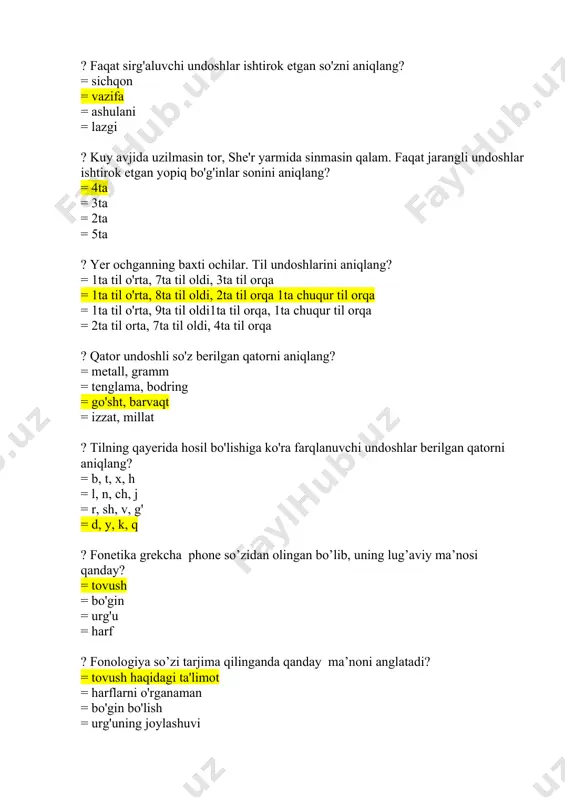 turga = 5turga = 4 turga = 3 turga ? omonimlar qaysi qatorda berilgan = chiroyli, go'zal, xushro'y = katta , kichik, baland = ot, qovoq, yuz = yig'lamoq, shirin, go'zal ? omonim so'zlar berilgan qatorni toping = yuz, chang, soch = katta , kichik, baland = ot, it, buqa = yig'lamoq, shirin, go'zal ? antonim so'zlar berilgan qatorni toping = yuz, chang, soch = yaxshi, yomon, oq ,qora = ot, it, buqa = yig'lamoq, shirin, go'zal ? sinonimlar nechta turga bo'linadi = 2 turga = 4 turga = 6turga = 3 turga ? qaysi javobda ot turkumiga oid ma’nodosh so’zlar qatori berilgan? = yer, osmon = inoq, ahil = ma’no, mazmun = chopish, yugurish ? qaysi javobda sifat turkumiga oid so’z bilan paronim bo’la oladigan birlik berilgan? = azm = xam = ahil = xiyla ? qaysi so'zda tilning vertikal holatiga ko'ra bir guruhga mansub unlilar ishtirok etgan? = …