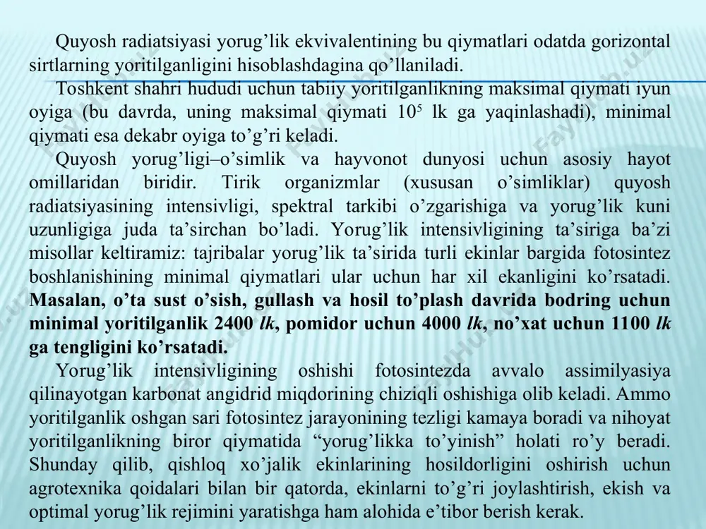 orrektor, yuqori qismida esa o’lchash chegaralari pereklyuchateli, o’zgaruvchi dastak va fotoelementga ulash uchun qisqichlar bor. chap tomondagi qisqich minus (-) ishorasi bilan belgilangan. lyuksmetrning ishlash prinsipi fotoelektr effektga asoslangan. fotoelement sirti yoritilganda fotoelement va magnitoelektrik o’lchagichdan iborat berk zanjirda hosil bo’lgan tok o’lchagichning harakatchan qismini og’diradi. tok miqdori, demak o’lchagich strelkasining og’ishi fotoelement ishlovchi yuzining yoritilganligiga to’g’ri proporsional bo’ladi. 3.1.rasm. lyuksmetr yu-16: 1.fotoelement; 2.yorug’lik yutgich; 3.ulash simlari; 4.o’lchagich; 5.shkala; 6.qisqichlar; 7.o’zgaruvchi dastak; 8.korrektor. 3.1.rasm. 3. lyuksmetr yordamida yoritilganlikni o’lchash. 1) o’lchashlarni boshlashdan avval: a) o’lchagich va fotoelement gorizontal holatda joylashtiriladi; b) o’lchagich strelkasining ko’rsatishi tekshiriladi. agar strelkashkalaning nolinchi bo’limini ko’rsatmasa, korrektor yordamida nolinchi bo’limga keltiriladi; v) shundan so’ng fotoelement, qisqichlarda ko’rsatilgan qutbiylikka rioya qilib, o’lchagichga simlar (fotoelementga biriktirilgan) bilan ulanadi. 2) binoning ichidagi yoritilganlikni o’lchash pereklyuchatelning “500 lk” gacha chegaraga qo’yilgan holatidan boshlanadi. bunda strelka 10 tadan kam bo’limga og’sa, pereklyuchatelni “100 lk” chegaragacha, 10 ta bo’limdan kamni ko’rsatsa, uni …