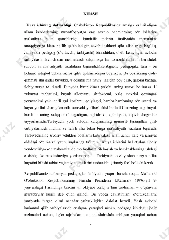 y yetukligi bolalarni tarbiyalash sifati uchun xalq va jamiyat oldidagi o‘z ma’suliyatini anglashga ta’lim - tarbiya ishlarini hal etishga ijodiy yondoshishga o‘z mahoratini doimo faollashtirib borish va hamkasblarning ishdagi o‘sishiga ko‘maklashuviga yordam beradi. tarbiyachi o‘zi yashab turgan o‘lka hayotini bilishi tabiat va jamiyat omillarini tushunishi ijtimoiy faol bo‘lishi kerak. respublikamiz rahbariyati pedagoglar faoliyatini yuqori baholamoqda. ma’lumki o‘zbekiston respublikasining birinchi prezidenti i.karimov (1996-yil 9-yanvardagi) farmoniga binoan «1 oktyabr xalq ta’limi xodimlari – o‘qituvchi murabbiylar kuni» deb e’lon qilindi. bu voqea davlatimizni o‘qituvchilarni jamiyatda tutgan o‘rni naqadar yuksakligidan dalolat beradi. yosh avlodni barkamol qilib tarbiyalashda erishgan yutuqlari uchun, pedagog ishidagi ijodiy mehnatlari uchun, ilg’or tajribalarni umumlashtirishda erishgan yutuqlari uchun o‘qituvchi, tarbiyachilar «metodist o‘qituvchi», «katta o‘qituvchi», «metodist - tarbiyachi», «xalq maorifi a’lochisi» va shu kabi sharafli unvonlar bilan taqdirlanadilar. xalq ta’limi xodimlari orasidan respublika bo‘yicha deputatlar saylanishi ham ularga bo‘lgan chuqur hurmat-ehtiromni bildiradi.o‘zbekiston respublikasining prezidenti sh .m.mirziyoev tashabbuslari bilan jumhuriyatimizda pedagog xodimlarning oylik …