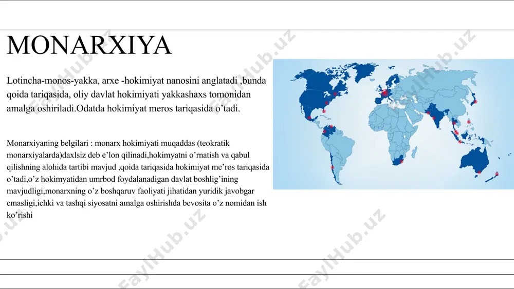 rlamentning roli: cheklangan monarxiya tizimida parlament yoki boshqa qonun chiqaruvchi organlar mavjud va ular davlat boshqaruvida faol ishtirok etadi. monarx o'z qarorlarini parlamentning roziligi yoki maslahatiga muvofiq amalga oshiradi. simbolik va rasmiy funksiyalar: monarx ko'pincha davlatning birligi va ramzi sifatida xizmat qiladi. u diplomatik tashriflar, bayramlar va boshqa davlat tadbirlarida ishtirok etadi, ammo uning siyosiy qarorlari hukumat tomonidan qabul qilinadi. demokratik elementlar: cheklangan monarxiya tizimida ko'pincha demokratik tizimlar ham mavjud. xalq parlament saylovlarini o'tkazadi, siyosiy partiyalar faoliyat yuritadi va boshqaruvdagi qarorlar xalq manfaatlari asosida amalga oshiriladi. cheklangan monarxiya cheklangan monarxiya boshqaruviga ega davlatlar monarx: qirol felipe vi tizim: ispaniyada ham konstitutsiyaviy monarxiya tizimi mavjud. qirol felipe vi mamlakatning rasmiy boshlig'i bo'lib, uning vakolatlari konstitutsiya bilan cheklangan. qirolning roli asosan tashqi siyosat va diplomatik masalalarda ramziy bo'lib, davlat boshqaruvi parlament va hukumat tomonidan amalga oshiriladi. qirol parlamentni ochish, qonunlarni imzolash kabi rasmiy funksiyalarni bajaradi, ammo hukumatni boshqarish parlamentga tegishli. : monarx: …