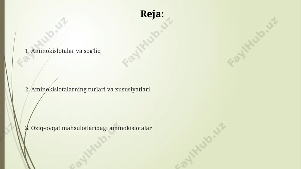 o'shadi. oziq-ovqatlardagi aminokislotalar oziq-ovqatdagi 9 ta muhim aminokislotaning 8 tasi organizm tomonidan sintezlanmaydi va ularning yetishmasligi turli kasalliklarga olib kelishi mumkin, shuning uchun ularni oziq-ovqat mahsulotlari orqali qabul qilish muhim. gistidin kabi ba'zi aminokislotalar bolalarning o'sish va rivojlanishi uchun juda muhim, ularning etishmasligi qon yaratish jarayonlarini buzadi va o'sishni sekinlashtiradi. protein tarkibidagi aminokislotalar miqdori va nisbati oziq-ovqatning biologik qiymati (bv)ni aniqlaydi, masalan, tuxum oqi yuqori bv ga ega boʻlib, 100 ga yaqin protein samaradorligiga ega. oziq-ovqat manbalari go'sht mahsulotlari, masalan, mol go'shti, tovuq va baliq, 9 ta muhim aminokislotalarni to'liq ta'minlaydi, bu esa ularni to'liq oqsil manbai qiladi. sut mahsulotlari, jumladan, sut, pishloq va qatiq, tarkibida 8 ta muhim aminokislotalar bo'lib, suyaklarning mustahkamligi va mushaklarning rivojlanishi uchun muhimdir. tuxum oqsili 9 ta muhim aminokislotani o'z ichiga oladi va biologik qiymati yuqori bo'lgan to'liq oqsil manbai hisoblanadi, bu esa uni sog'lom ovqatlanish uchun ideal qiladi. muhim va muhim bo'lmagan aminokislotalar oziq-ovqat …