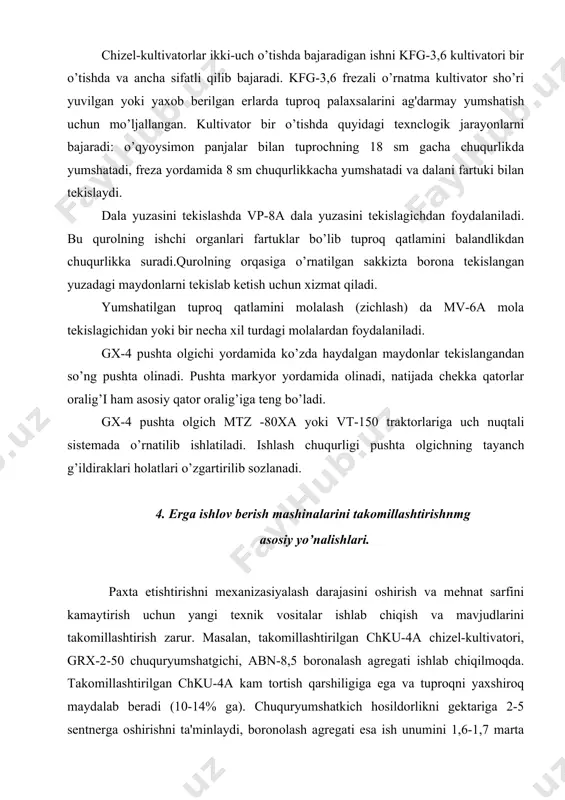 htirishdan asosiy maqsad ularning ish tezliklarini oshirish energiya sarfini kamaytirish, qamrash kengligini oshirishdan iboratdir. adabiyotlar 1. shoumarova m., abdillayev t. qishloq xo’jaligi mashinalari. toshkent, o’qituvchi 2002y. 2. a.i. komilov, q.a. sharipov, n.t. umirov, i.m.marupov, r.t. rustamov traktor va avtomobillar. toshkent «talkin» -2003.(lotin alifbosida) 3. f.b.yevdokimov umumiy elektrotexnika t.o’qituvchi.1995. 4. n.i.vershagin organizasiya texnologaya mexanizirovannыx rabot v rastenivodstve, ucheb, posb № irpo; izd.sentr «akademiya», 2000 5. e.oyxo’jayev, x.qo’shnazarov «qishloq xo’jalik ishlab chiqarishini mexanizasiyalash» toshkent «mehnat», 1988. 6. karpenko a.i., m.xalinskoy v. selskoxozeystvennыye mashinы m.: 1999g. 7. 3rodichev v.i. va rodicheva g.i. traktor va avtomobillar t. 1984y..kartashev va boshq. «mexanizasiya i elektrifikasiya jivotnovostva» 8. multimediya darslik, qishloq xo’jaligi mashinalari (lotin alifbosida) 9. o.k.o’rimboyev va boshqalar. «qishloq xo’jalik ishlab chiqarishini mexanizasiyalash» (ma’ruzalar matni) toshkent 2005. 10. multimediya darslik, chorvachilikni mexanizasiyalashtirish (lotin alifbosida) 11. yu.i.naumov. mashina traktor parkidan foydalanish. toshkent 1988 12. kolesov l.b. va boshqalar «qishloq xo’jalik agregatlari hamda ustanovkalarining elektr jihozlari va avtomatlashtirish» …