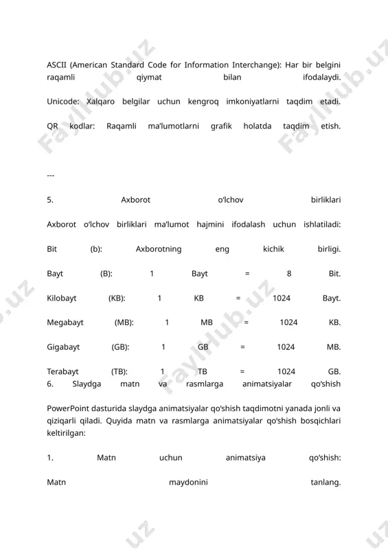 : “page layout” yordamida sahifa chegaralarini moslashtiring. 3. powerpoint: “file” > “print”. bir nechta slaydni bitta sahifada chop etish uchun “handouts” variantini tanlang. 4. access: “file” > “print”. jadval yoki ma’lumotlar kiritilgan hujjatlarni tanlang. --- 11. lokal tarmoqlar va ularni tashkil etuvchi qurilmalar lokal tarmoqlar (lan) kichik hududiy joylarni qamrab oladi. tarmoqni tashkil etuvchi qurilmalar: tarmoq adapterlari: har bir kompyuterga o‘rnatiladi. switch va hub: tarmoq ichida qurilmalarni ulash uchun ishlatiladi. router: internet bilan ulanishni ta’minlaydi. kabellar: ulanishlarni amalga oshirish uchun ishlatiladi (ethernet, optik kabellar). 12. kabellar va ularning turlari kompyuter tarmoqlarida kabellar ma’lumotlarni uzatish uchun ishlatiladi. ularning asosiy turlari: 1. juft tolali kabellar (twisted pair cables): eng keng tarqalgan kabel turi. ikkita mis sim o‘zaro chirmalib joylashgan. turlari: ekranlangan (stp) va ekranlanmagan (utp). ishlatilishi: lokal tarmoqlarda. 2. koaksial kabellar (coaxial cables): bitta mis o‘zak va uni o‘rab turgan himoya qatlami mavjud. uzun masofalarga ma’lumot uzatishda ishlatiladi. 3. optik tolali kabellar …