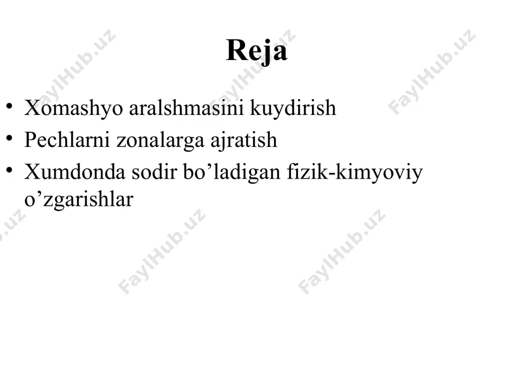 kimyoviy) yo‘qotiladi va suvsiz kaolinit al2o3.2sio2 hosil bo‘ladi. shuni ta’kidlash zarurki, 1 va 2 zonada klinker kuydirishga tayyorlanadi va bu jarayonlar xumdonning 50-60% uzunligini tashkil qiladi; 3. dekarbonizatsiya zonasida harorat 700 dan 11000c gacha bo‘lib kalsiy va magniy karbonatlar dissotsiatsiyalanadi va kalsiy oksidi ko‘p miqdorda erkin holda hosil bo‘ladi. dissotsiatsiya jarayoni endotermik bo‘lgani uchun bu zonada juda katta issiqlik miqdori yutiladi. bu zonada giltuproqdan al2o3, sio2 va fe2o3 kabi erkin oksidlar hosil bo‘ladi va ular cao bilan birikib qattiq holatda 3cao.al2o3.fe2o3 va 2cao.sio2 kabi yuqori tartibli minerallarni hosil qiladi; 4. ekzotermik jarayonlar zonasida harorat 1100 dan 12500s gacha bo‘ladi. bu zonada qattiq fazali reaksiyalar natijasida 4sao.al2o3.fe2o3 va 2cao.sio2 kabi yuqori tartibli minerallar hosil bo‘ladi. bu ekzotermik reaksiyalar natijasida harorat 150-2000c ga ko‘tariladi va bu jarayon xumdonning 5-7% uzunligida yuz beradi; 5. pishirish zonasida harorat 1300 dan 14500c gacha ko‘tarilib yana 13000c haroratgacha qaytadi. bu zonada hosil bo‘lgan minerallar qisman eriydi, …