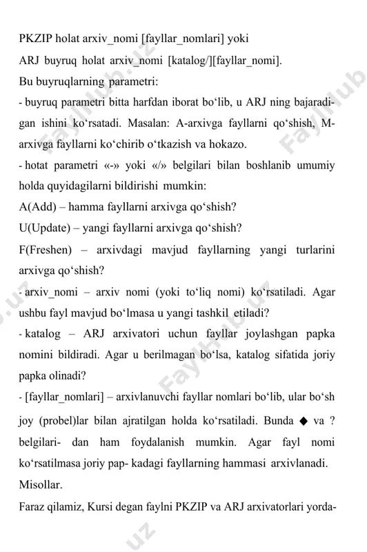 va arj dasturlari fayllarni avtomatik tarzda katta tezlikda va optimal darajada siqish imkonini beradi. agar maksimal darajada siqish zaruriyati tug‘ilganda holat parametrida mos ravishda –ex va jm holat- lari beriladi. oxirgi yaratilagan arxivatorlar foydalanuvchi ishini yengillashtiriladi- gan holda sodda ko‘rinishda amalga oshirishga qaratilgan. shulardan nc (norton commander 7.0) da va ko‘p qirrali norton navigator muhitida ham amalga oshiruvchi arxivatorlar mavjud. foydalanuvchi interfeslarini o‘zida jamlangan, ko‘p imkoniyatli win- zip arxivatori windows 95 muhitiga mo‘ljallangan. bu arxivator ishlash uchun qulay va yetarlicha universal bo‘lib, u har xil formatlar bilan baravariga ishlashni amalga oshirish hamda shu kabi boshqa bir qator imkoniyatlarni ham yaratib beradi. norton navigator muhitida norton file archive wizard boshqaruv- chisi mavjud bo‘lib, bu arxivator zip va lzh formatli arxivlarni yara- tadi. uning yordamida bir tomli yoki ko‘p tomli arxivlar yaratish mumkin. shuningdek o‘zi ochiluvchi (kengayuvchi) kengaytmasi exe bo‘lgan arxiv- lar ham yaratiladi. rar bu arxiv fayllarni boshqarish va nazorat qilish …