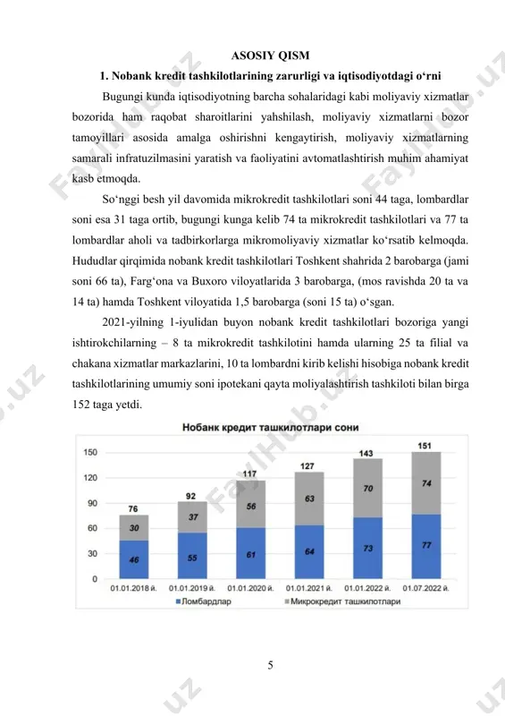 asi o‘rtacha 2,1 martaga oshishi kerak. yillar kesimida oladigan bo‘lsak, tijorat banklarining kapitallashuv darajasining oshishi quyidagi prognoz ko‘rsatkichlariga ega: 2011 yil – 4114 mlrd. so‘m; 2012 yil – 4731 mlrd. so‘m; 2013 yil – 5441 mlrd. so‘m; 2014 yil – 6257 mlrd. so‘m; 2015 yil – 7357 mlrd. so‘m bank tizimida amalga oshirilgan islohotlar 2012 yilda respublika bank tizimidagi islohotlar o‘zbekiston respublikasi prezidentining 2010 yil 26 noyabrdagi pq-1438-sonli qarori bilan tasdiqlangan “2011-2015 yillarda respublika moliya-bank tizimini yanada isloh qilish va barqarorligini oshirish hamda yuqori xalqaro reyting ko‘rsatkichlariga erishishning ustuvor yo‘nalishlari bo‘yicha kompleks chora-tadbirlar” dasturi hamda respublika moliya-bank tizimini rivojlantirishga oid boshqa hujjatlarda belgilangan vazifalarni bajarishga qaratildi, jumladan: - bank nazorati tizimini yanada takomillashtirish, bank nazorati bo‘yicha bazel qo‘mitasining yangi tavsiyalarini tatbiq etish bilan bog‘lik tadbirlarni davom ettirish; - mamlakat bank tizimi va tijorat banklari faoliyatini etakchi xalqaro reyting tashkilotlari tomonidan qo‘llaniladigan me’yor, andoza va ko‘rsatkichlar asosida baholash amaliyotini kengaytirish; - …