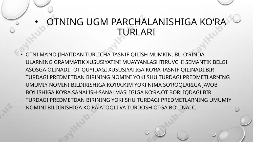 , sho‘r. hid bildiruvchi sifat: xushbo‘y, badbo‘y, qo‘lansa. o‘lchov bildiruvchi sifat: keng, tor, uzun, yaqin, katta, og‘ir. o‘rin bildiruvchi sifat: ichki, tashqi, devoriy, qishloqi. payt bildiruvchi sifat: kuzgi, yozgi, qishki, chillaki, ertapishar. sifat derivatsiyasi sifatlar ikki xil usul bilan yasaladi-afiksatsion va kompazitsiya usullarida yasaladi. oʻzbek tilida sifat yasovchi affikslar juda ham kop ulardan:-li,-dor,-se,-be,-ba,-no,-choq,-chan,-ildon,-ağon,-gi,-i,-ma kabilar kampaziysiya usuliompozitsiya usuli bilan qo‘shma va juft sifat hosil bo‘ladi. qo‘shma sifat. qo‘shma sifat quyidagi qoliplar asosida hosil bo‘ladi: 1. ot+ot: devsifat, devqomat, dilorom, dilozor, kafangado, otashnafas, sohibjamol. 2. sifat+ot: xomkalla, sho‘rpeshona, kaltafahm, shirinsuxan, sho‘rtumshuq, balandparvoz. 3. ot+sifat: yoqavayron, jig‘ibiyron, tepakal, xonavayron, xudobezor, otabezori. 4. ravish+ot: hozirjavob, kamgap, kamsuxan, kamsuqum, kamqon, kamxarj. 5. ravish+fe’l: tezpishar, ertapishar, cho‘rtkesar. 6. fe’l+ fe’l: yebto‘ymas. 7. olmosh+ot: o‘zboshimcha. 8. ot+fe’l: tilyog‘lama, gadoytopmas, tinchliksevar sifatda aloqa-munosab kategoriyalari egalik kategoriyasi. sifat turkumi eк ugmsini «keyingi sifatni oldingi so‘zga bog‘lash va mansublik, xoslik ma’nosini ifodalash» tarzida xususiylashtiradi. matn va birikuvchi so‘zning semantikasiga bog‘liq …